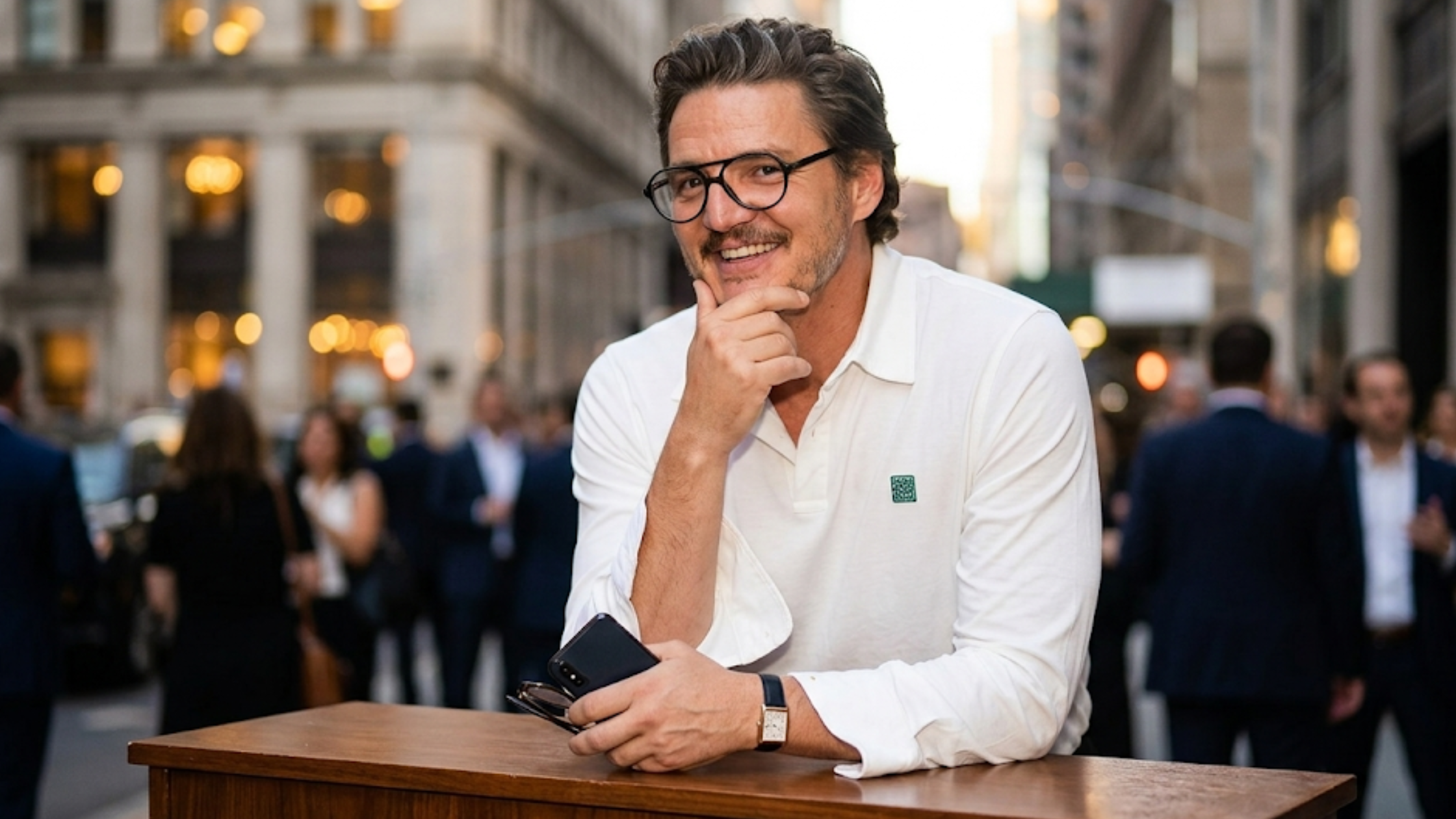 Pedro Pascal The Late Show With Stephen Colbert white long sleeve polo shirt with embroidered chest patch styled with black trousers and glasses minimalist smart casual outfit