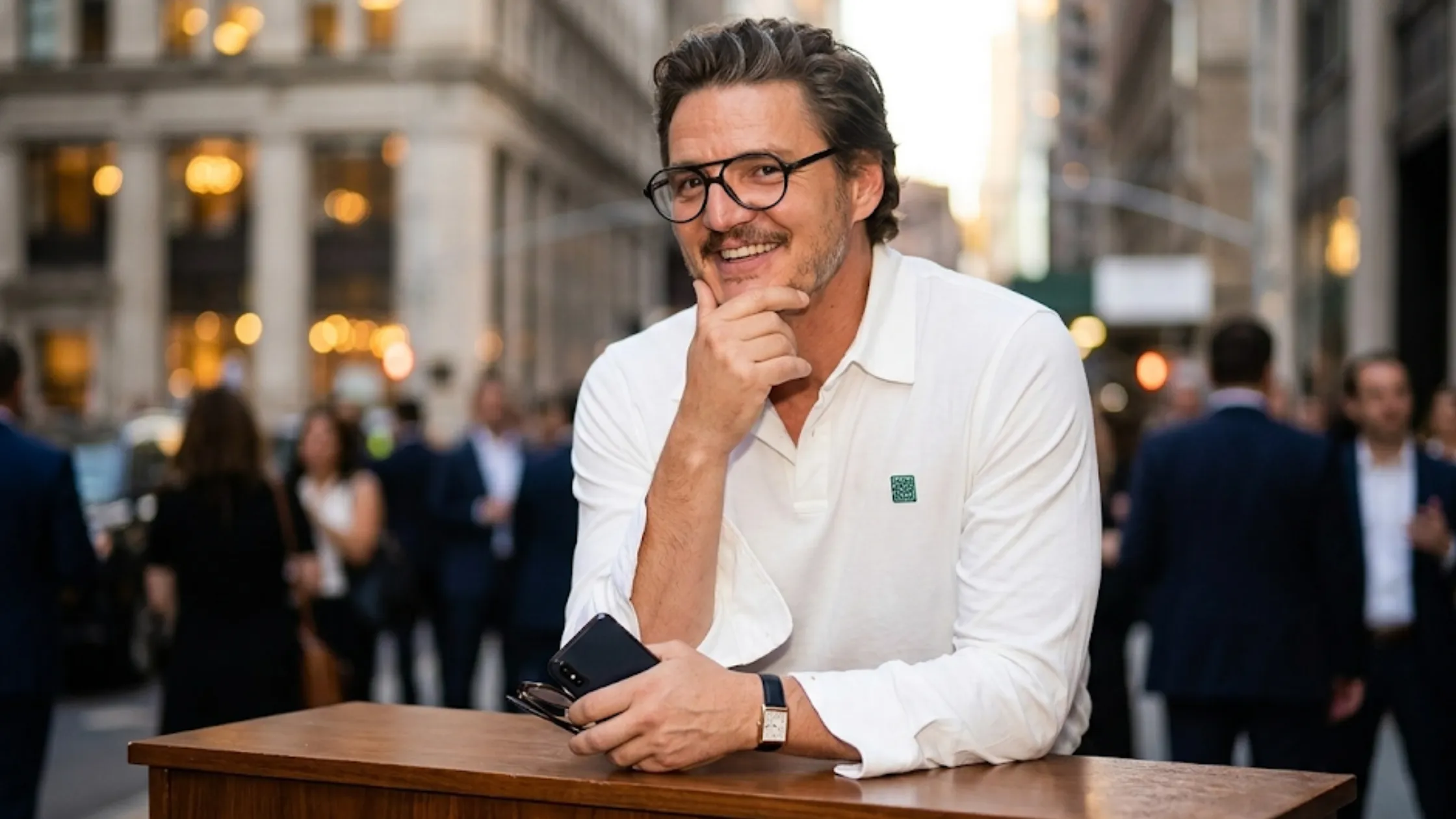 Pedro Pascal The Late Show With Stephen Colbert white long sleeve polo shirt with embroidered chest patch styled with black trousers and glasses minimalist smart casual outfit