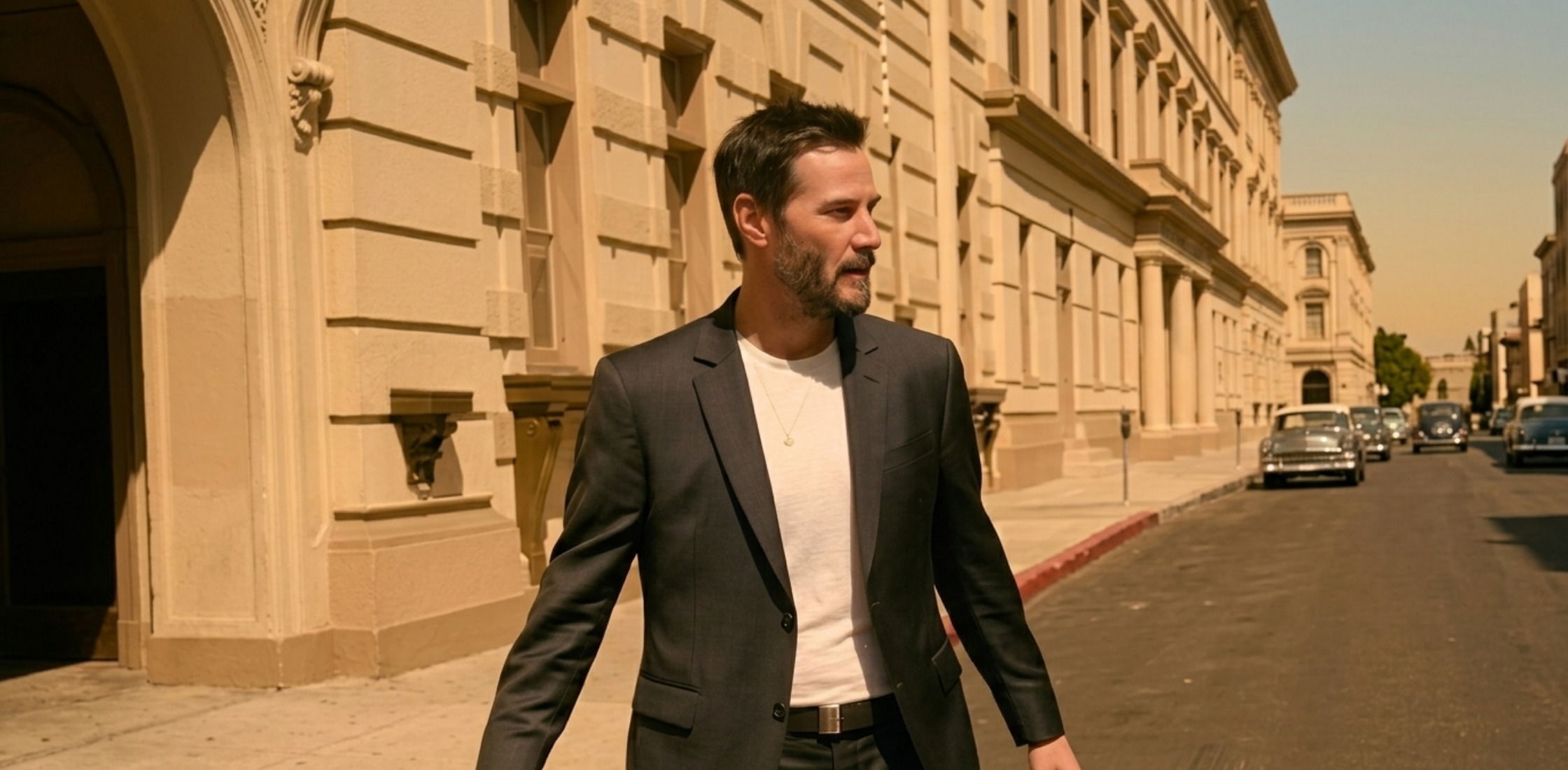 Keanu Reeves Outcome 2026 black slim-fit blazer styled in a modern smart-casual outfit with off-white t-shirt and charcoal trousers