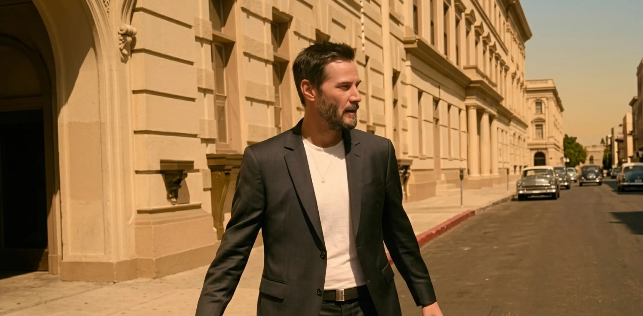 Keanu Reeves Outcome 2026 black slim-fit blazer styled in a modern smart-casual outfit with off-white t-shirt and charcoal trousers