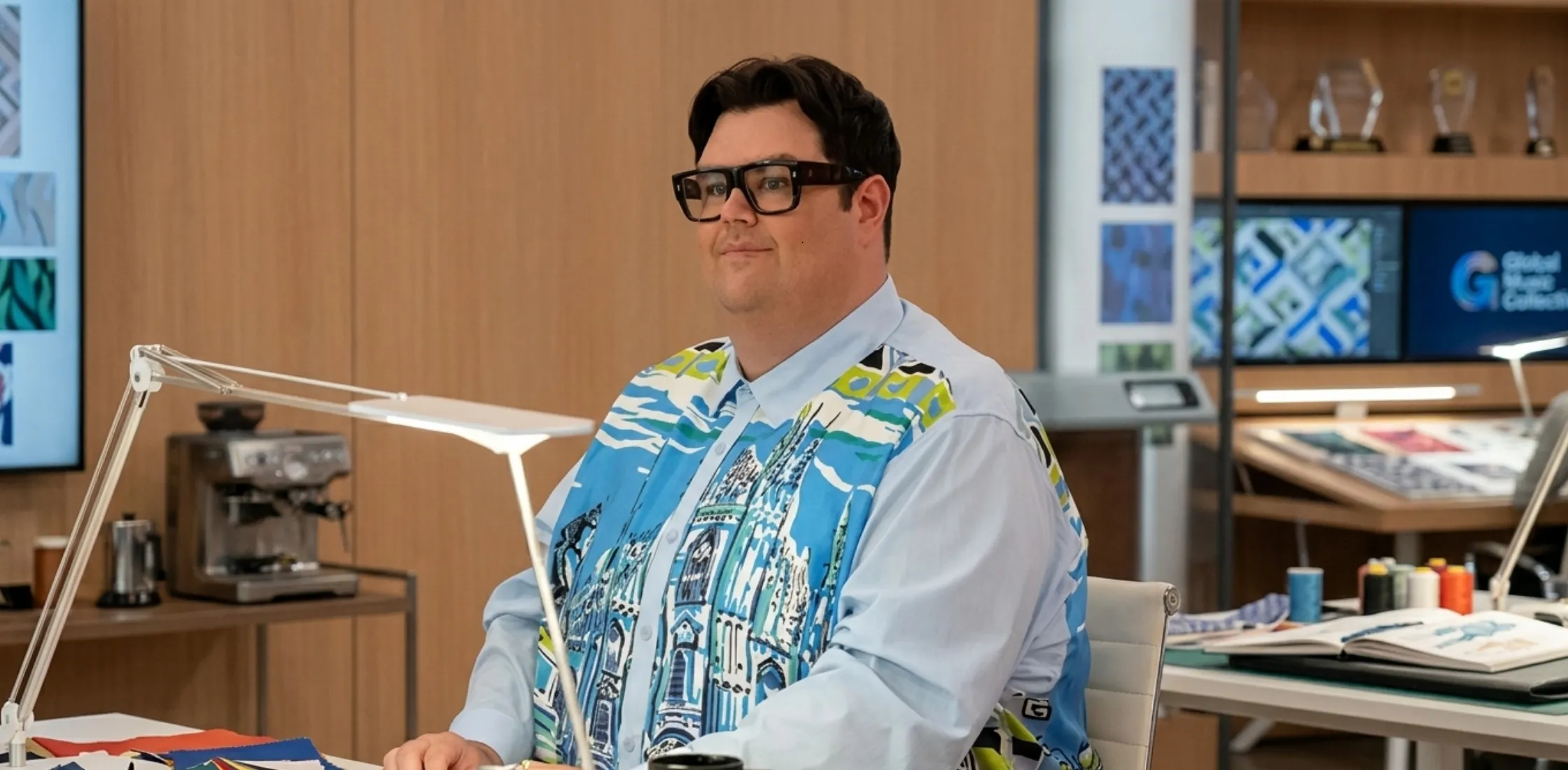 Caleb Hearon wearing Ice Blue Architectural Print Shirt in The Devil Wears Prada 2 showcasing cinematic fashion styling