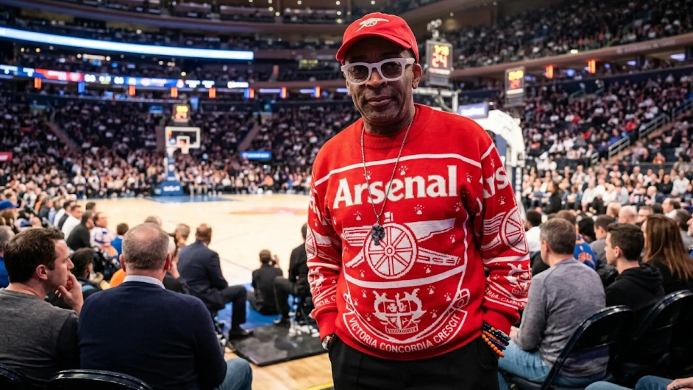 Spike Lee MSG NYC red Arsenal bandana print sweatshirt styled as courtside streetwear fashion essential