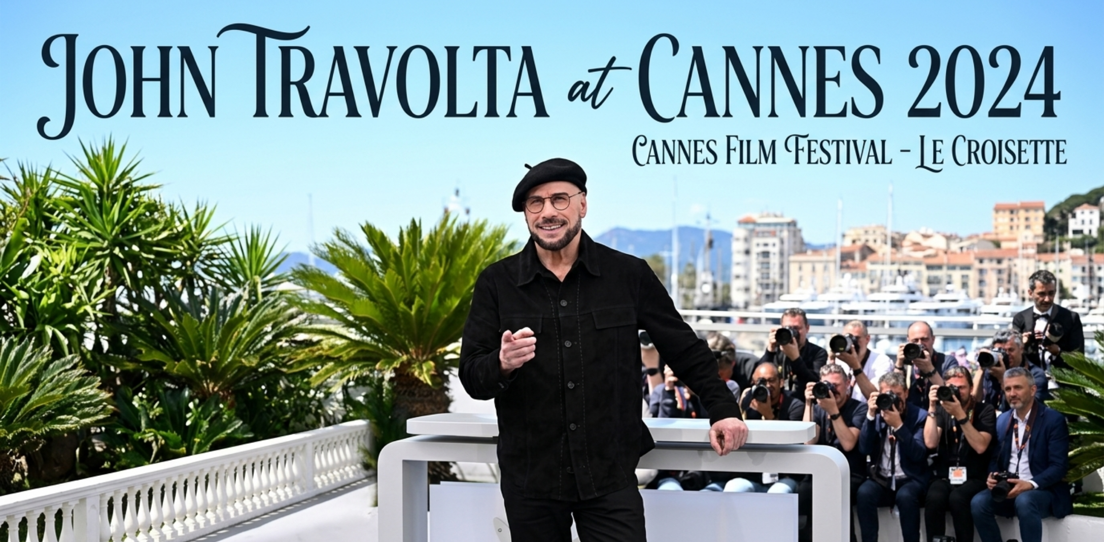 John Travolta Cannes 2026 black patch pocket shirt jacket with vertical stitch detailing