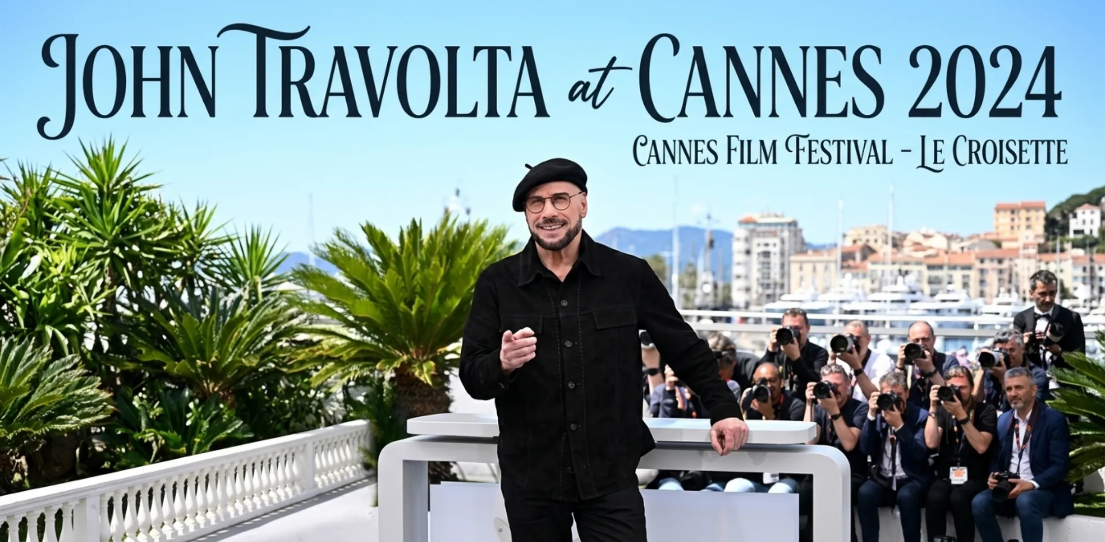 John Travolta Cannes 2026 black patch pocket shirt jacket with vertical stitch detailing