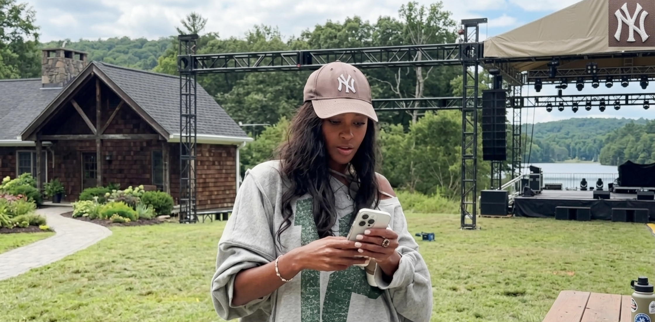 Ciara Miller wearing Blurred Tan Lines pullover shirt from Summer House Season 9 Episode 11 featuring heather gray heavyweight fleece and green graphic print