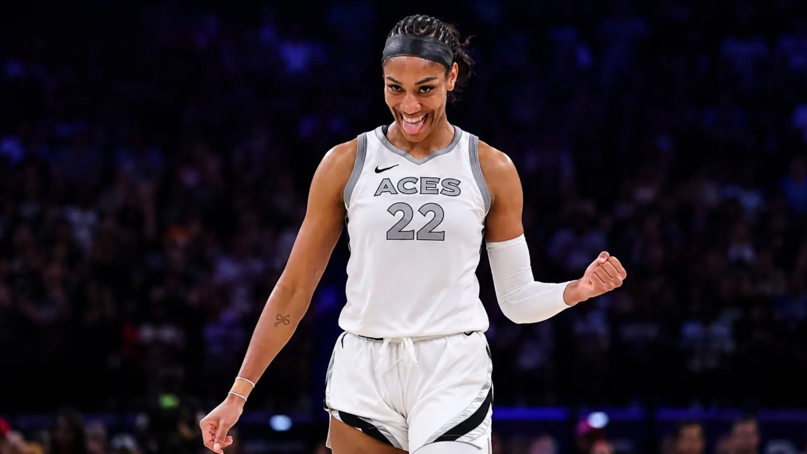 A’ja Wilson Las Vegas Aces white Nike Dri-FIT basketball jersey with number 22 and official WNBA team branding