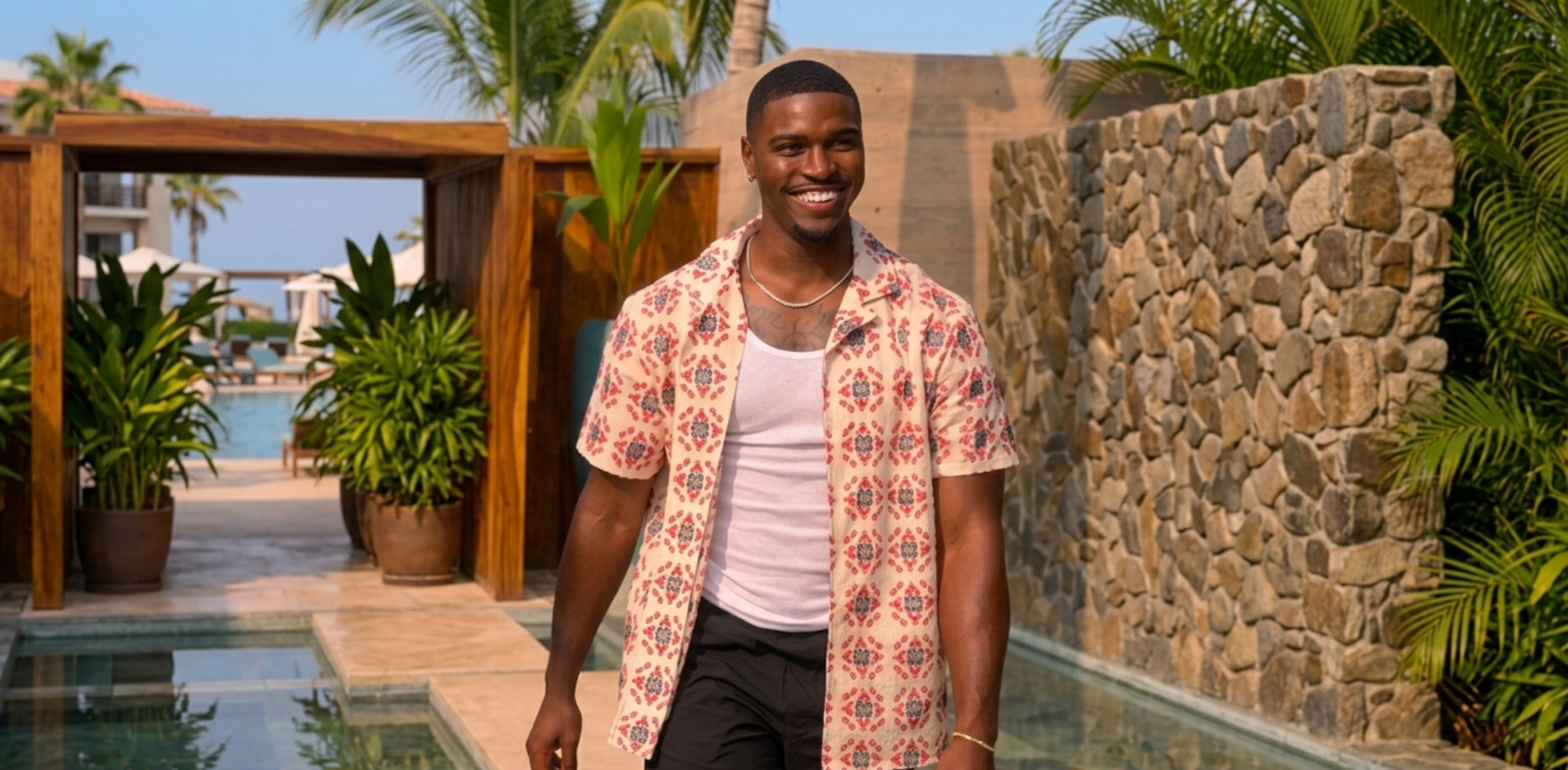 Perfect Match S04 Damari Davis coral pink cream resort short sleeve shirt with geometric medallion print and camp collar design