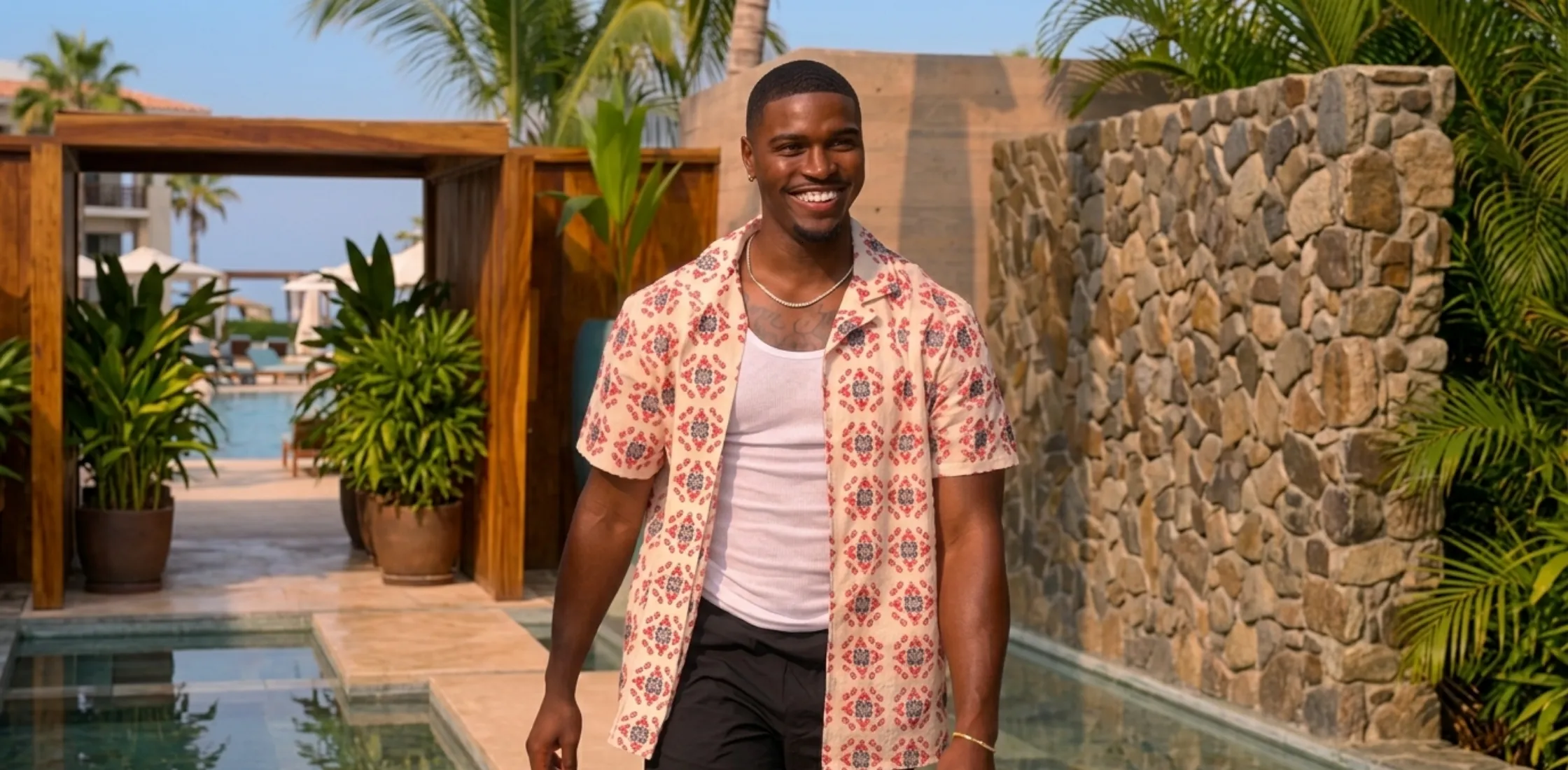 Perfect Match S04 Damari Davis coral pink cream resort short sleeve shirt with geometric medallion print and camp collar design