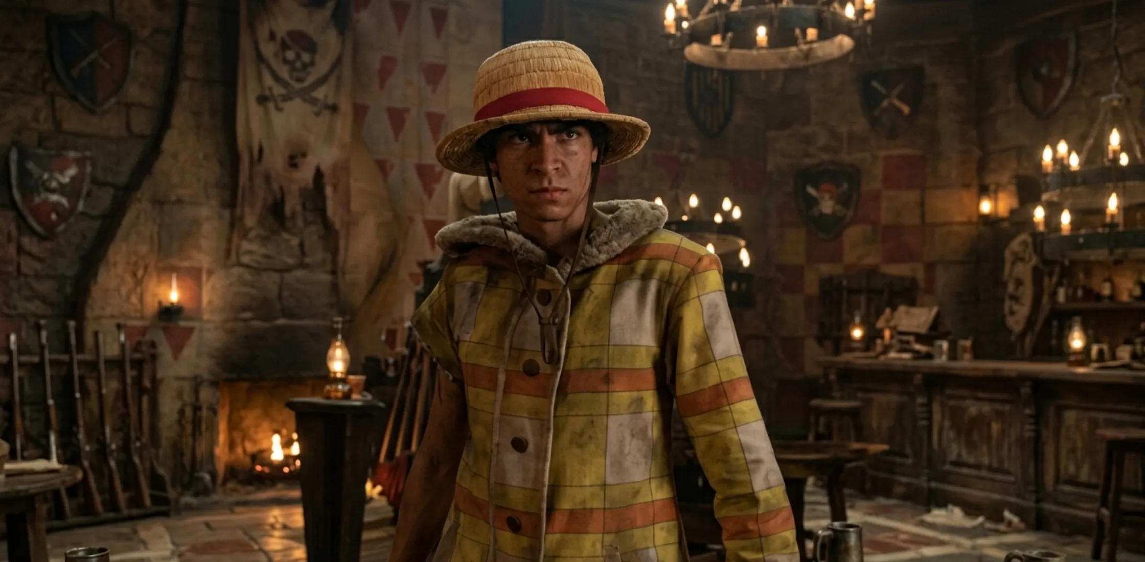 Monkey D. Luffy One Piece S02 oversized yellow checkered hooded winter jacket styled for bold streetwear fashion