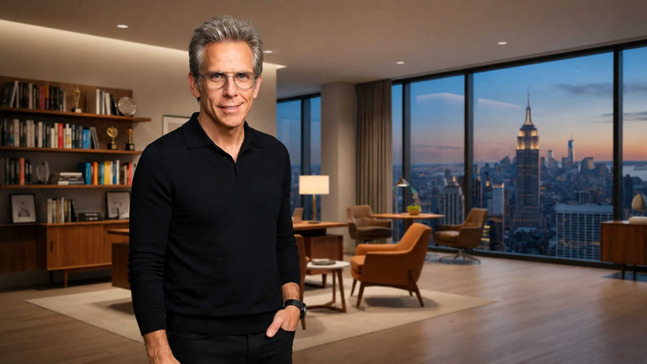 Ben Stiller 92NY black long sleeve polo shirt with fold collar three-button placket smart casual celebrity-inspired outfit