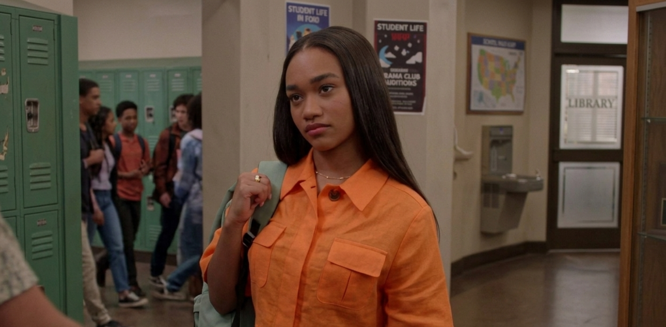 All American S07 Tori Cropped T-Shirt bright orange cropped collared utility top worn by Lauryn Hardy as Tori in Season 7 Episode 12