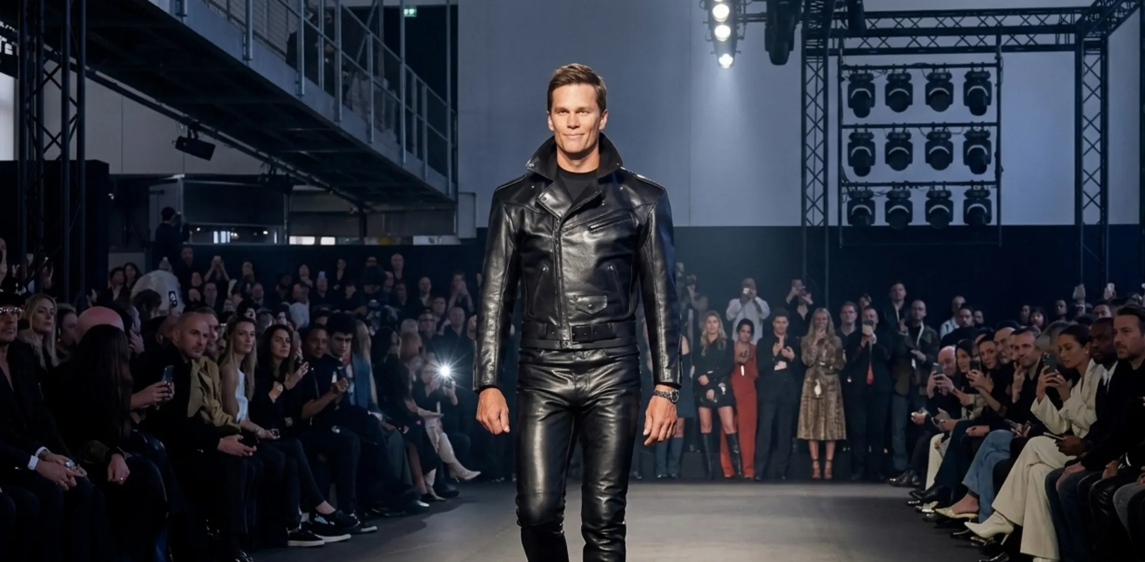 Tom Brady Gucci Cruise 2027 black leather biker jacket with gunmetal hardware and belted waist detail in a luxury runway fashion style
