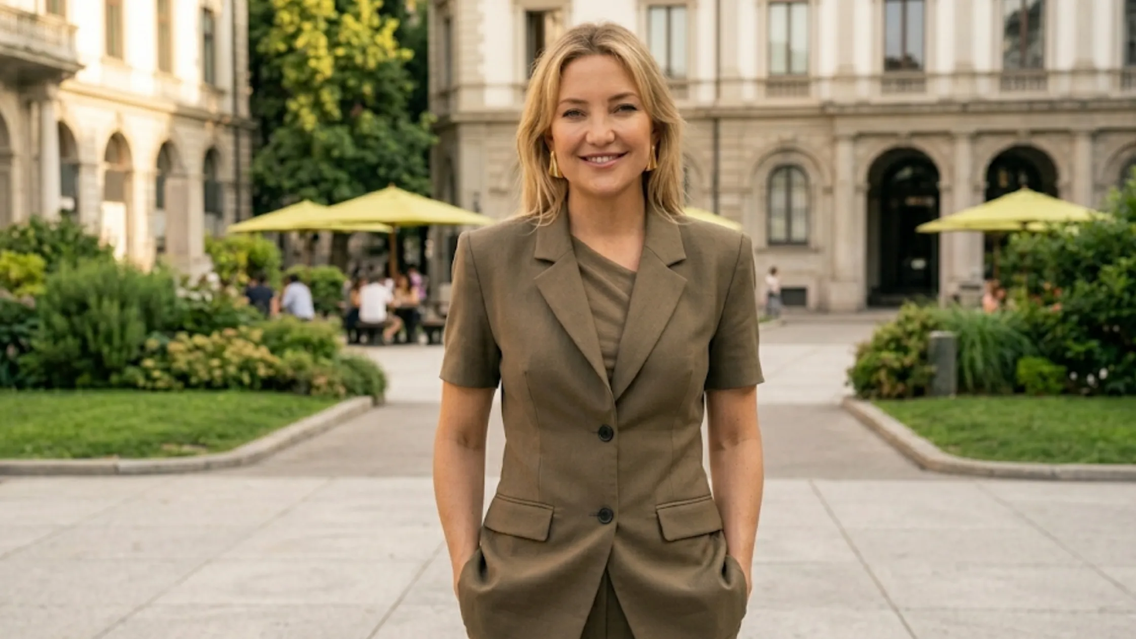 Kate Hudson Running Point S02 brown tailored blazer olive suit structured short sleeve executive power dressing corporate fashion look