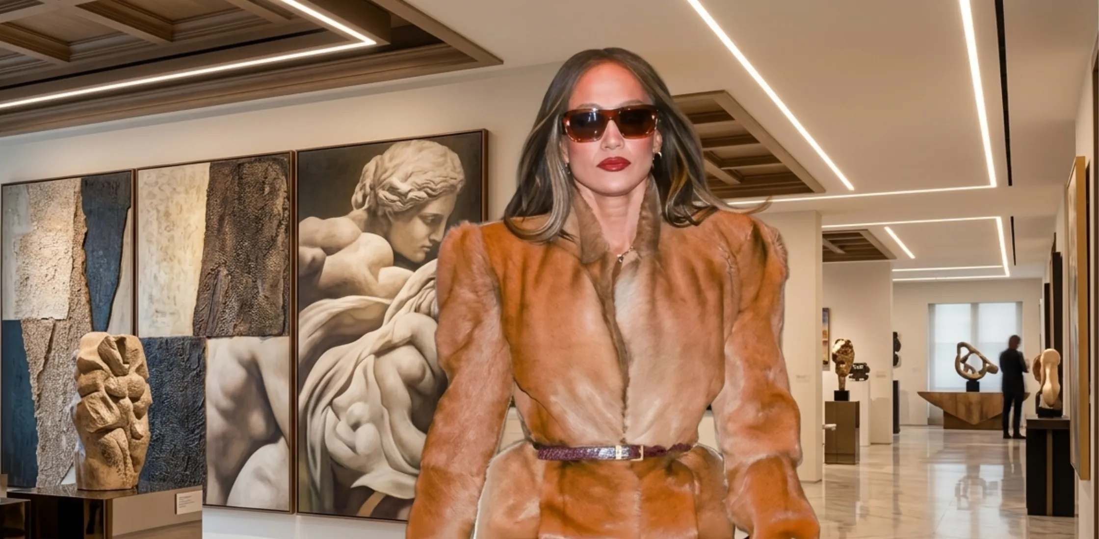 Jennifer Lopez NYC 2026 camel brown shear fur mid-thigh coat styled in luxury New York winter street fashion