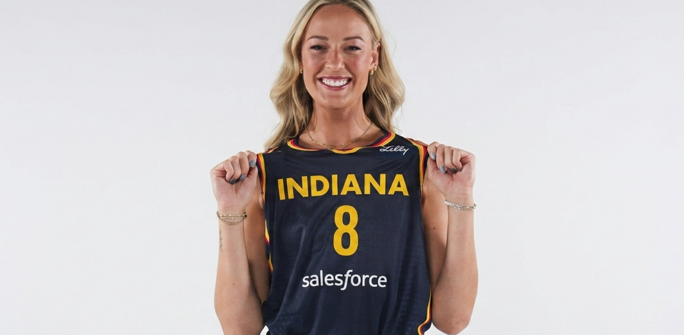 Sophie Cunningham Indiana Fever Media Day navy blue jersey with yellow block lettering, gold trim, and sponsor branding details