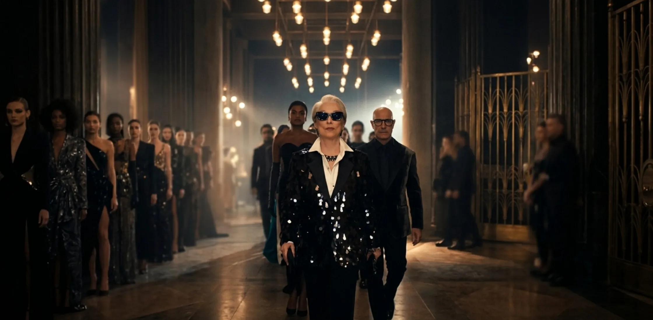 Meryl Streep wearing black sequin fringe blazer with paillettes in The Devil Wears Prada 2, cinematic fashion close-up