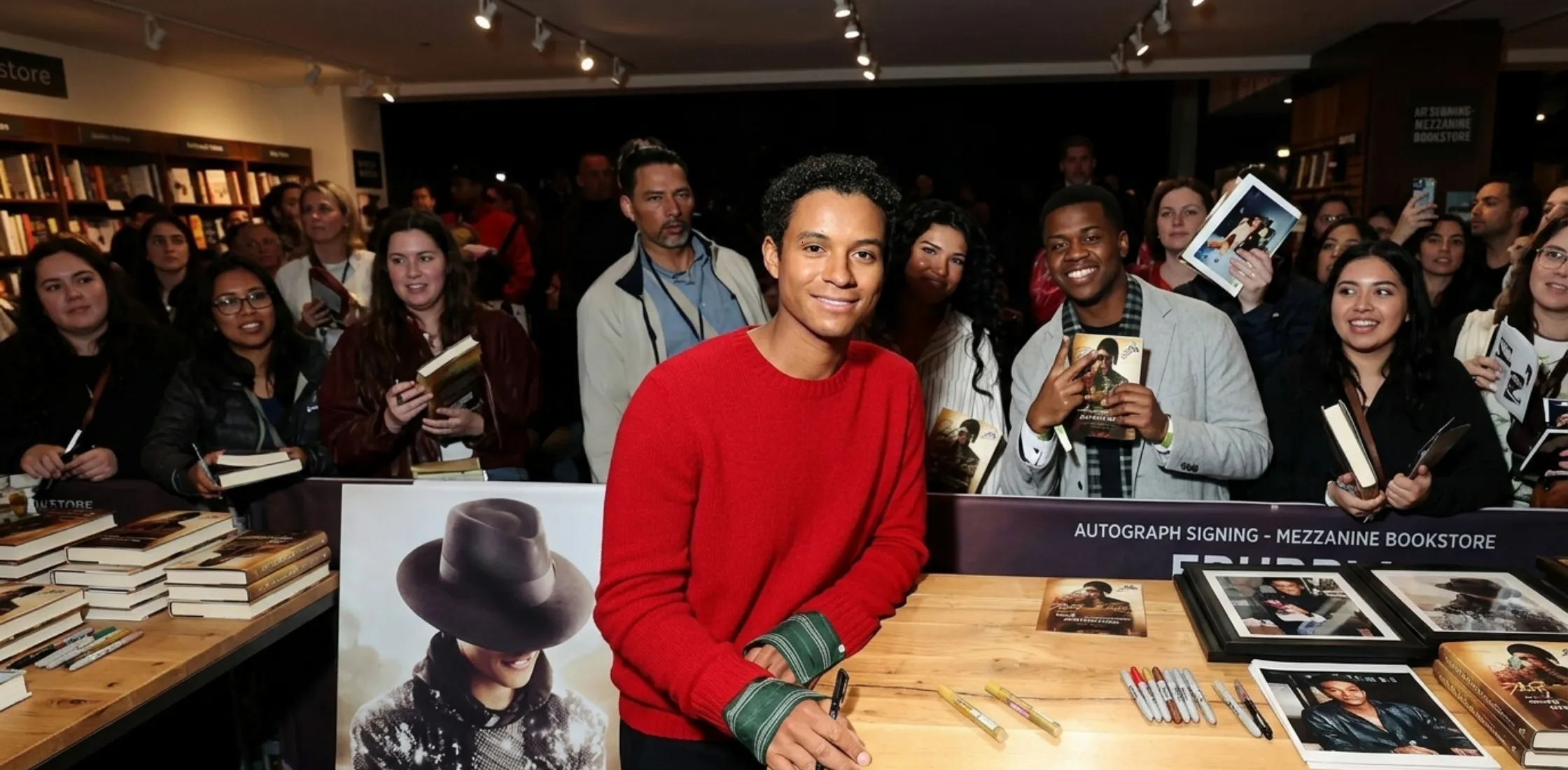 Jaafar Jackson wearing red fuzzy wool crewneck pullover sweater at Michael Global Fan Celebration 2026 Berlin red carpet event