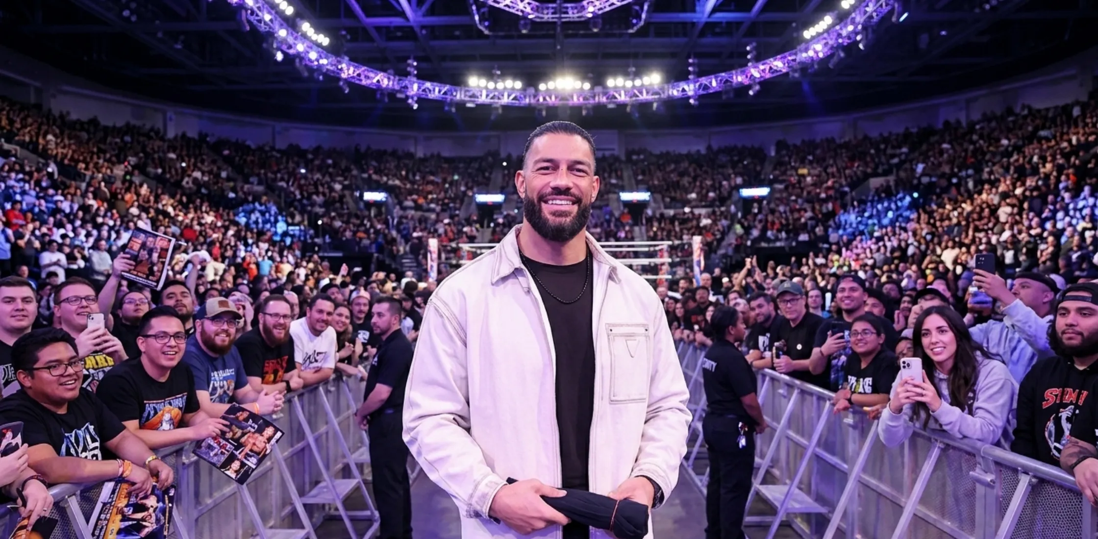 Roman Reigns wearing WWE World Opening 2026 Street Fighter inspired white oversized distressed denim jacket at CinemaCon Las Vegas streetwear fashion look
