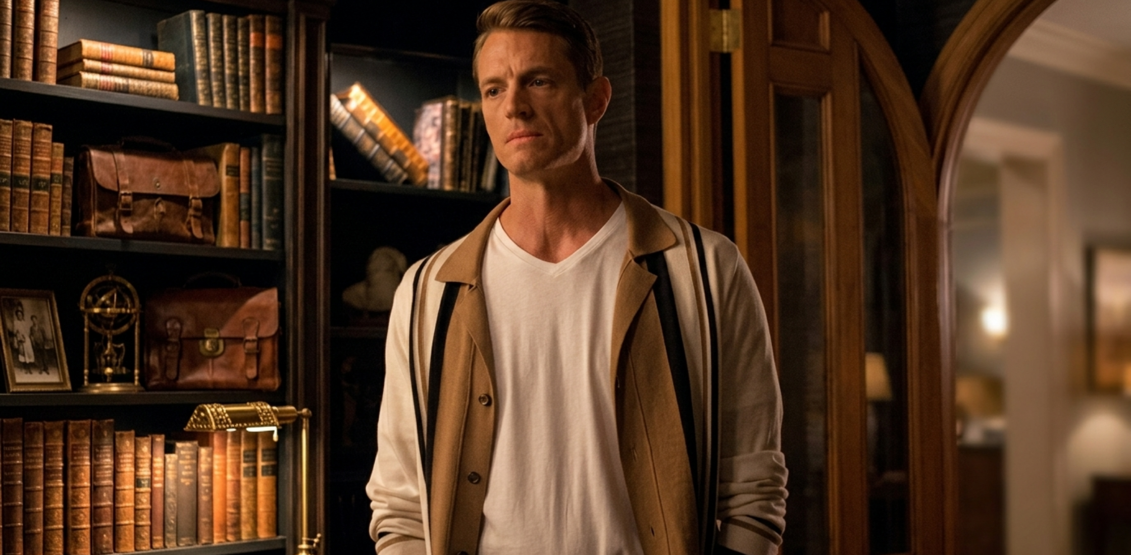 Joel Kinnaman in Imperfect Women S01 wearing striped vintage-inspired white and brown polo shirt with retro camp collar and tailored knit texture