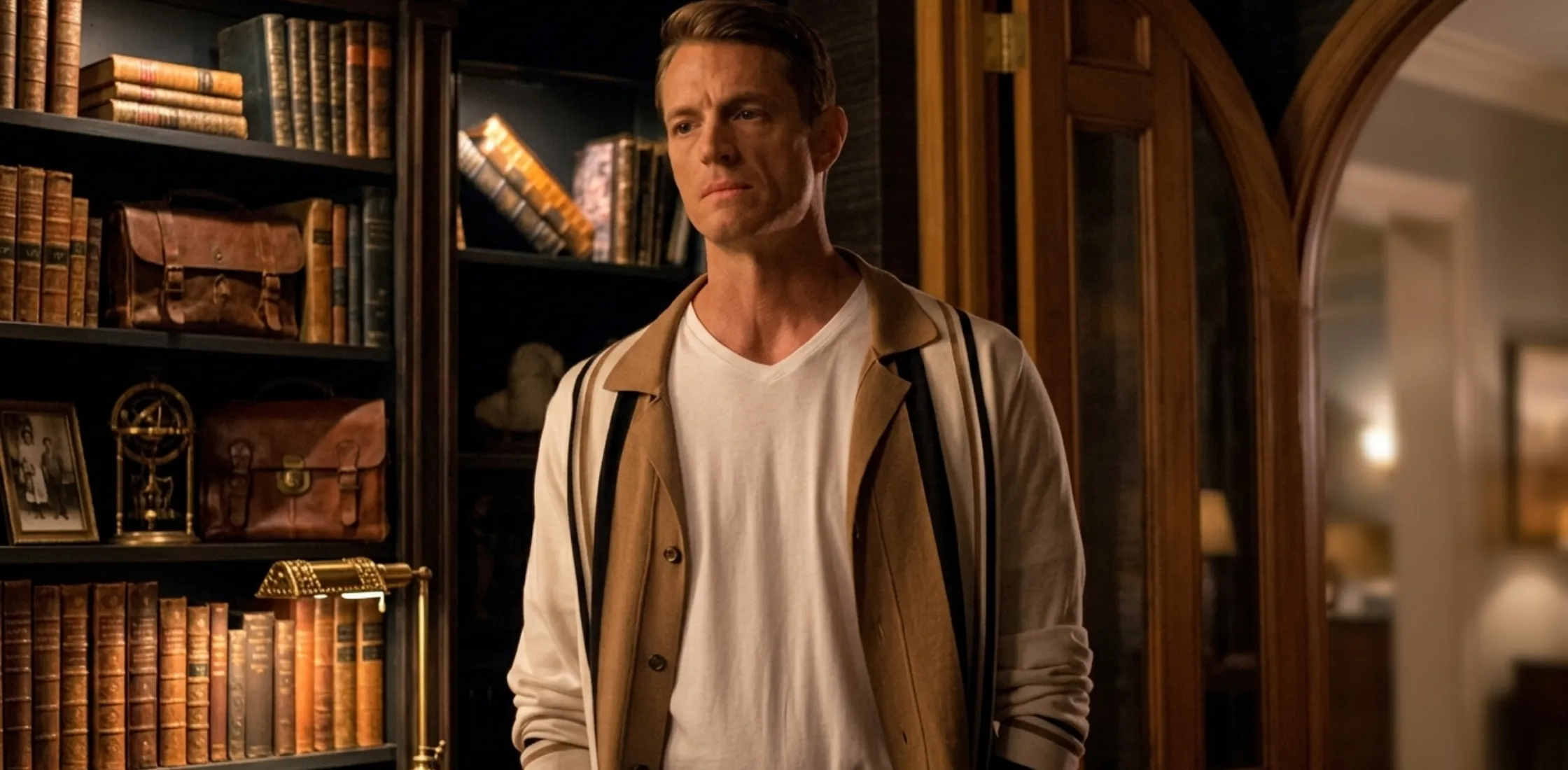 Joel Kinnaman in Imperfect Women S01 wearing striped vintage-inspired white and brown polo shirt with retro camp collar and tailored knit texture