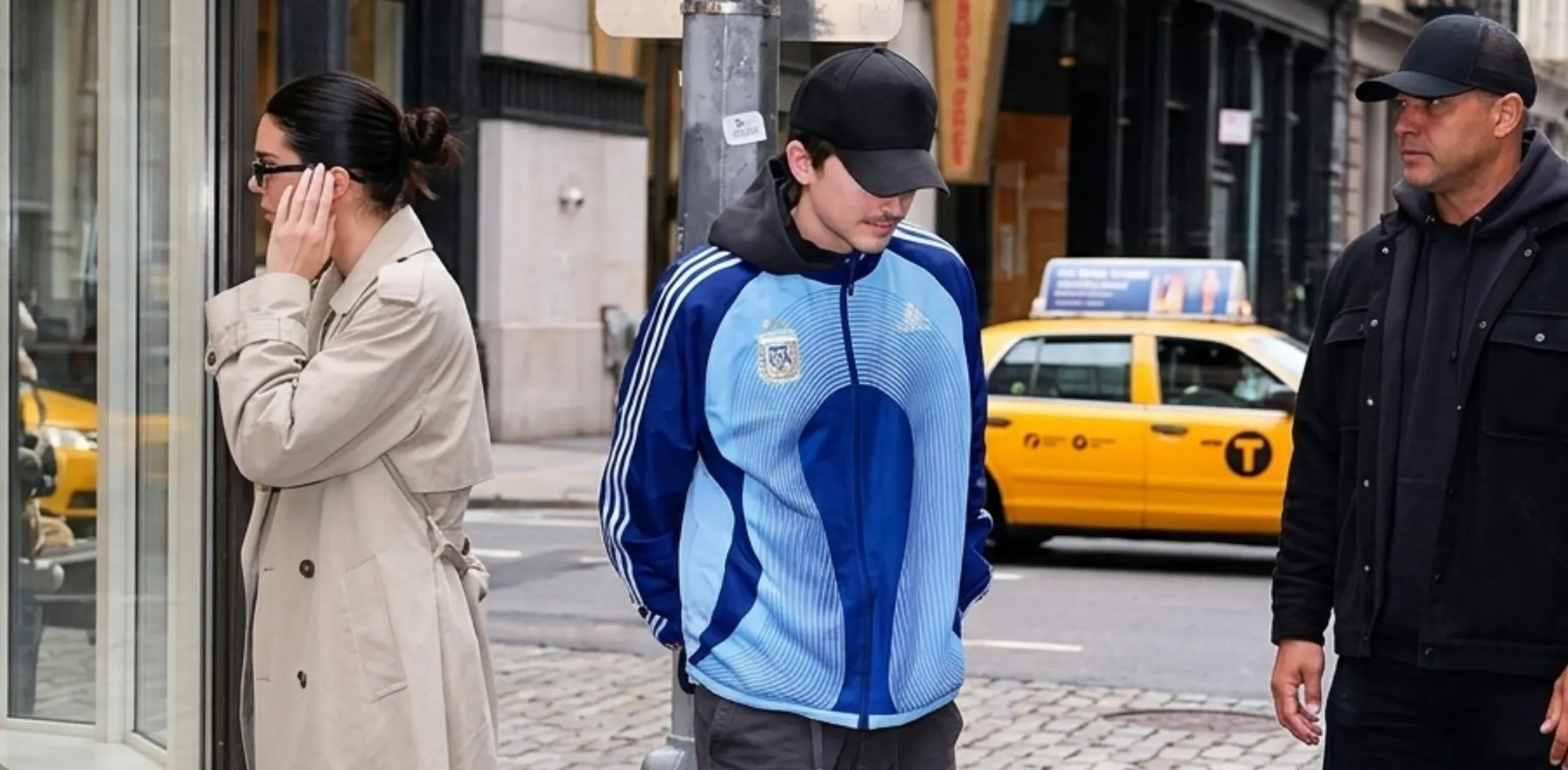 Timothée Chalamet Argentina AFA Adidas track jacket in navy and sky blue with three stripes and wave graphic streetwear style look