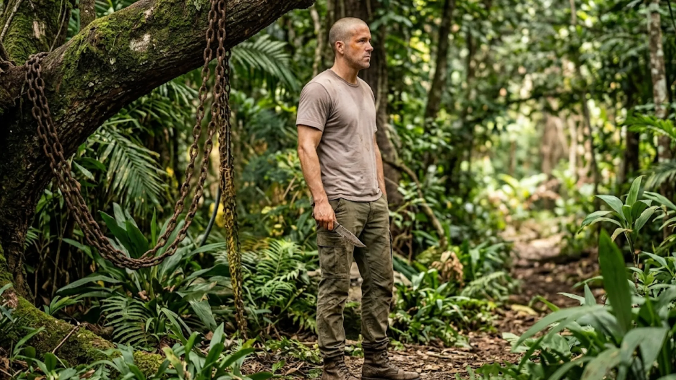 Apex 2026 Taron Egerton minimalist taupe crew neck t-shirt olive grey cinematic thriller survival style earthy fashion tee