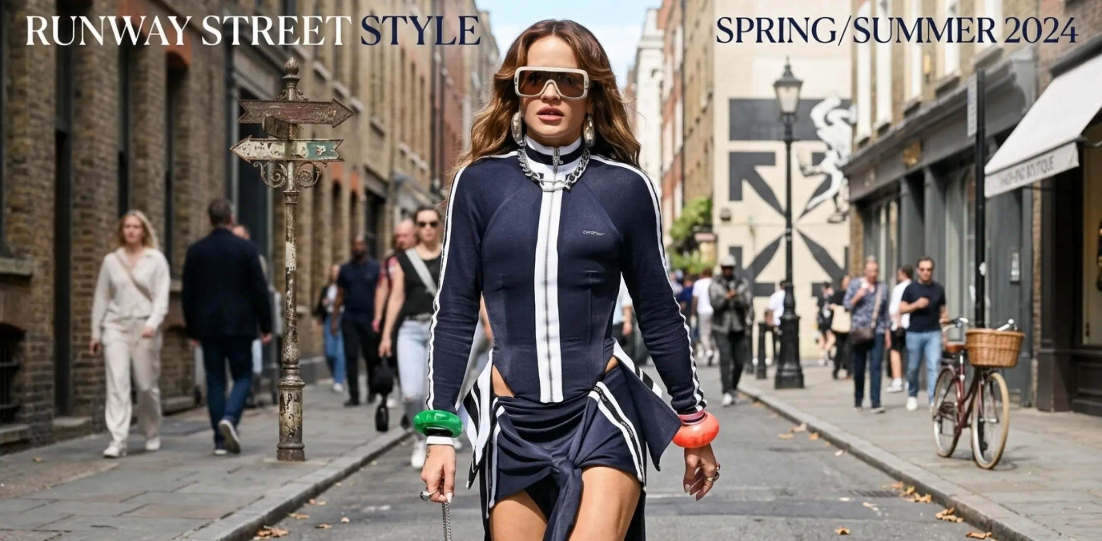 Rita Ora Global Studios black navy streetwear jacket featuring sculpted body-fit tailoring, front zip closure, white contrast stripes, and sporty luxury design.