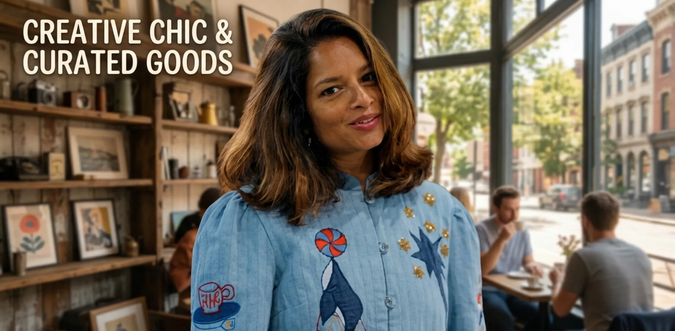 Sort Your Life Out S06 Dilly Carter blue quilted denim jacket with whale and circus-themed embroidery, puff sleeves, mandarin collar, and structured silhouette.