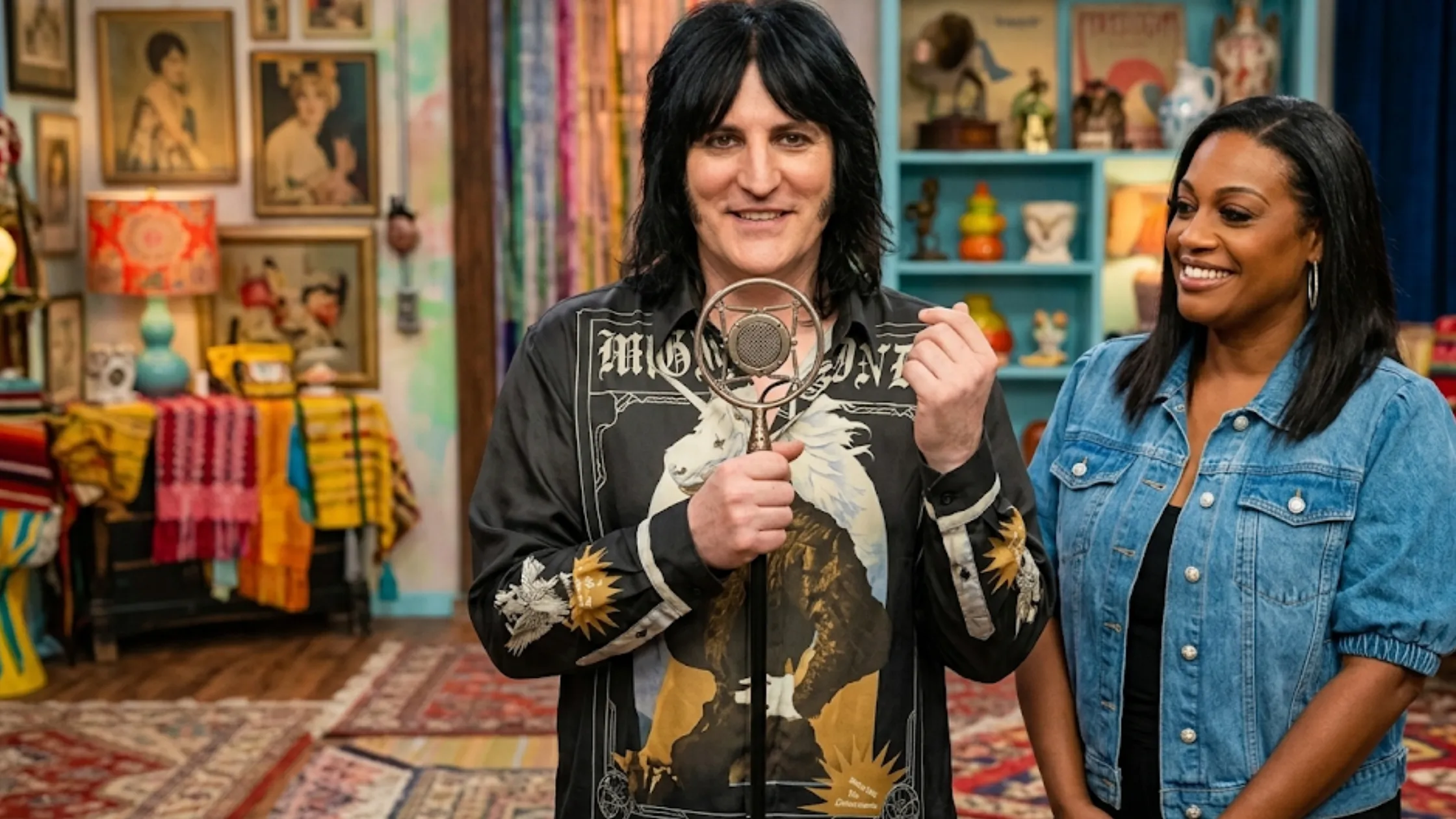 Noel Fielding Great Celebrity Bake Off S09 black oversized printed shirt with gothic text unicorn graphic surreal artwork luxury streetwear