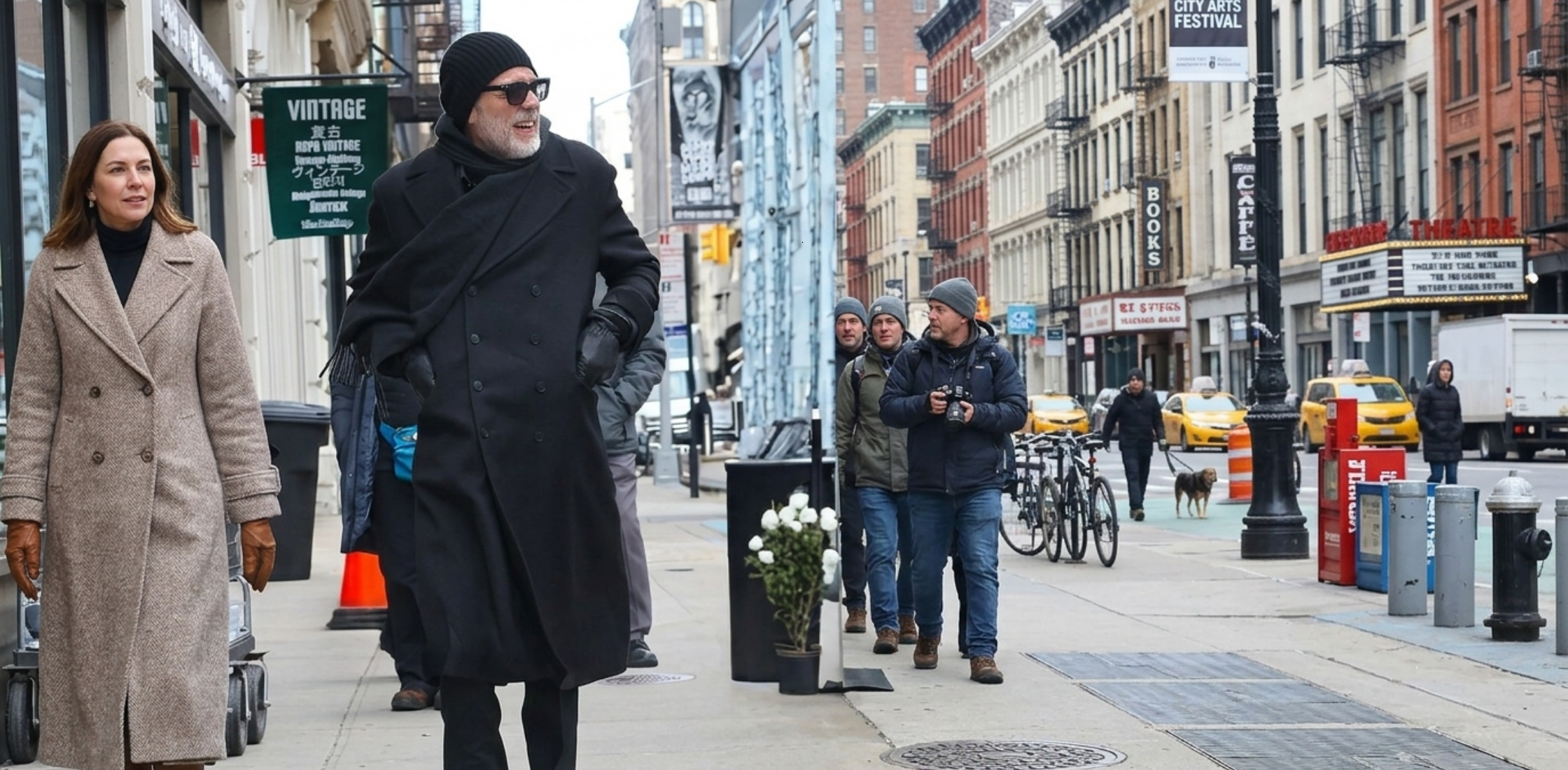 Jeffrey Dean Morgan Dead City 2026 black double-breasted wool coat with peak lapels