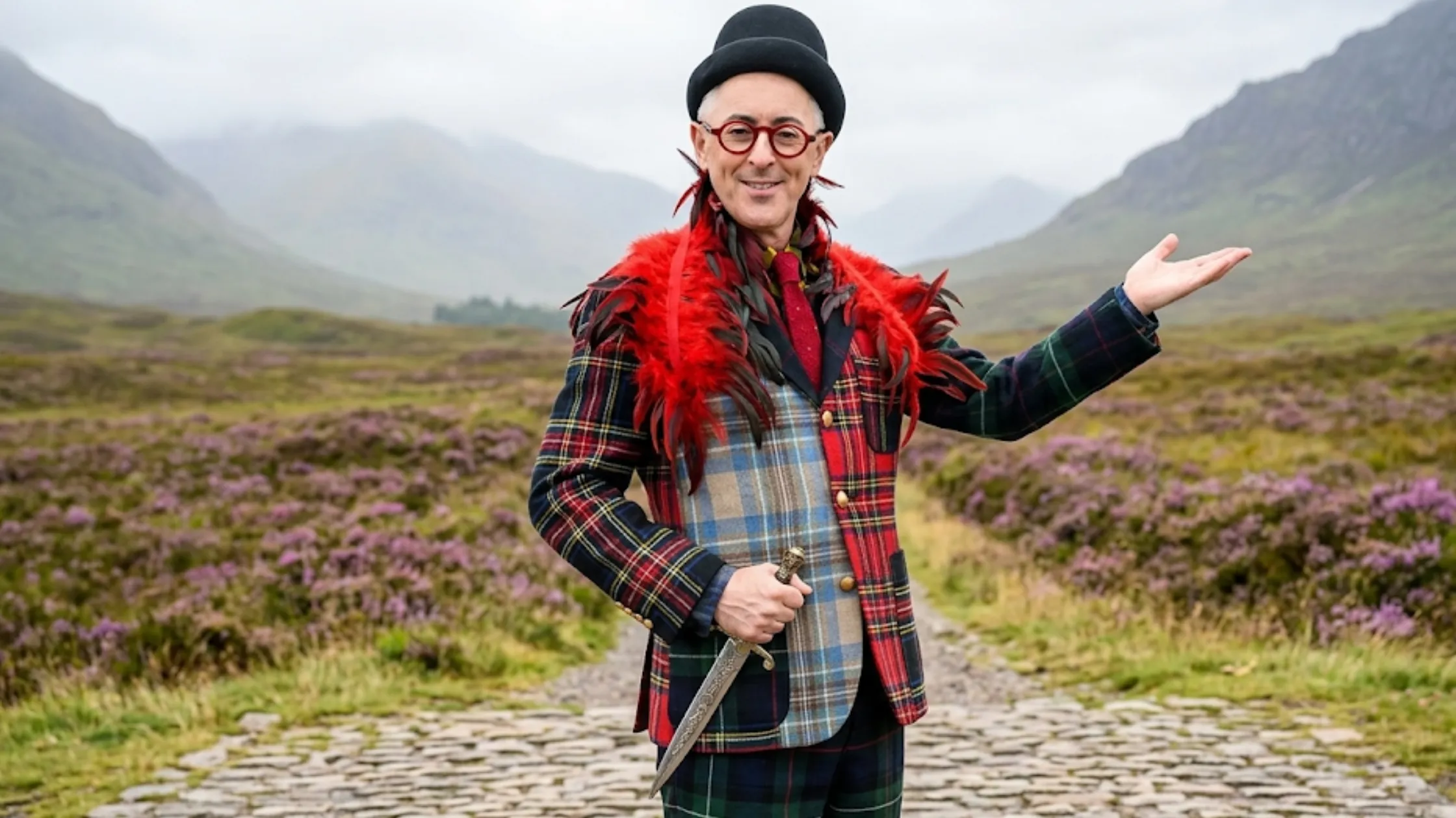 Alan Cumming The Traitors US S04 mixed tartan plaid blazer multicolor patchwork statement blazer red feather detail theatrical fashion outfit