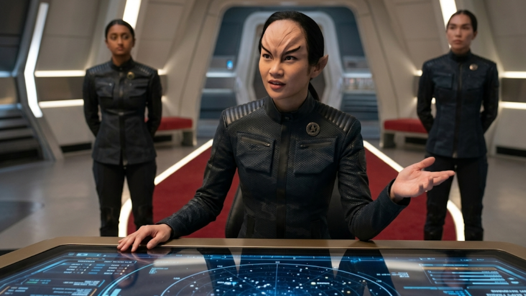 Star Trek Starfleet Academy 2026 black uniform jacket matte tactical sci-fi design mandarin collar chest pockets futuristic Starfleet outfit