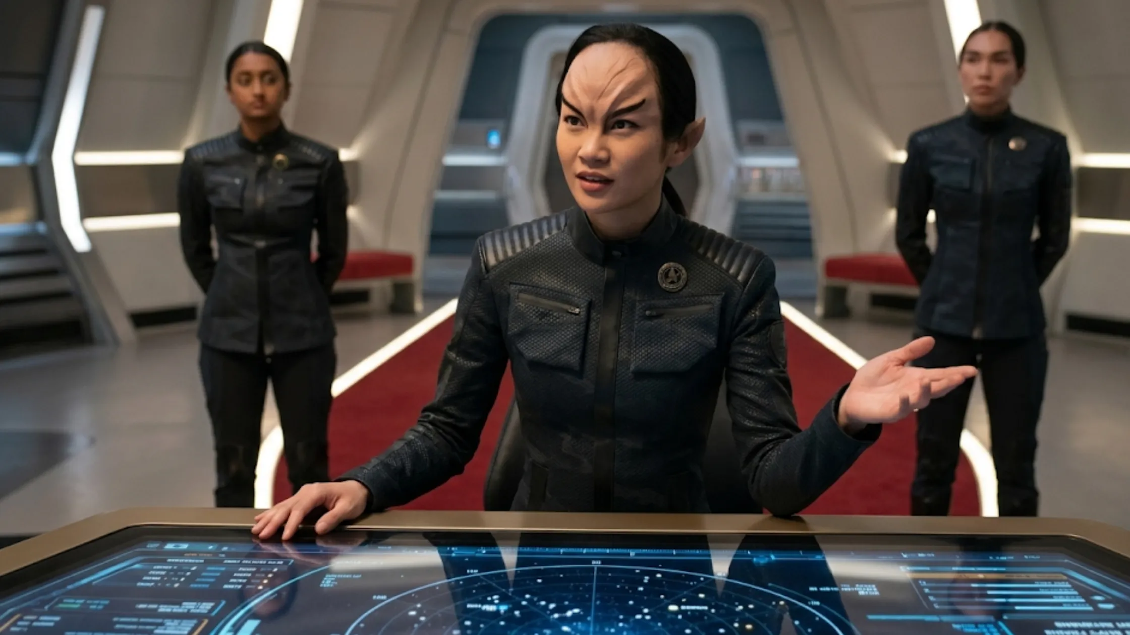 Star Trek Starfleet Academy 2026 black uniform jacket matte tactical sci-fi design mandarin collar chest pockets futuristic Starfleet outfit