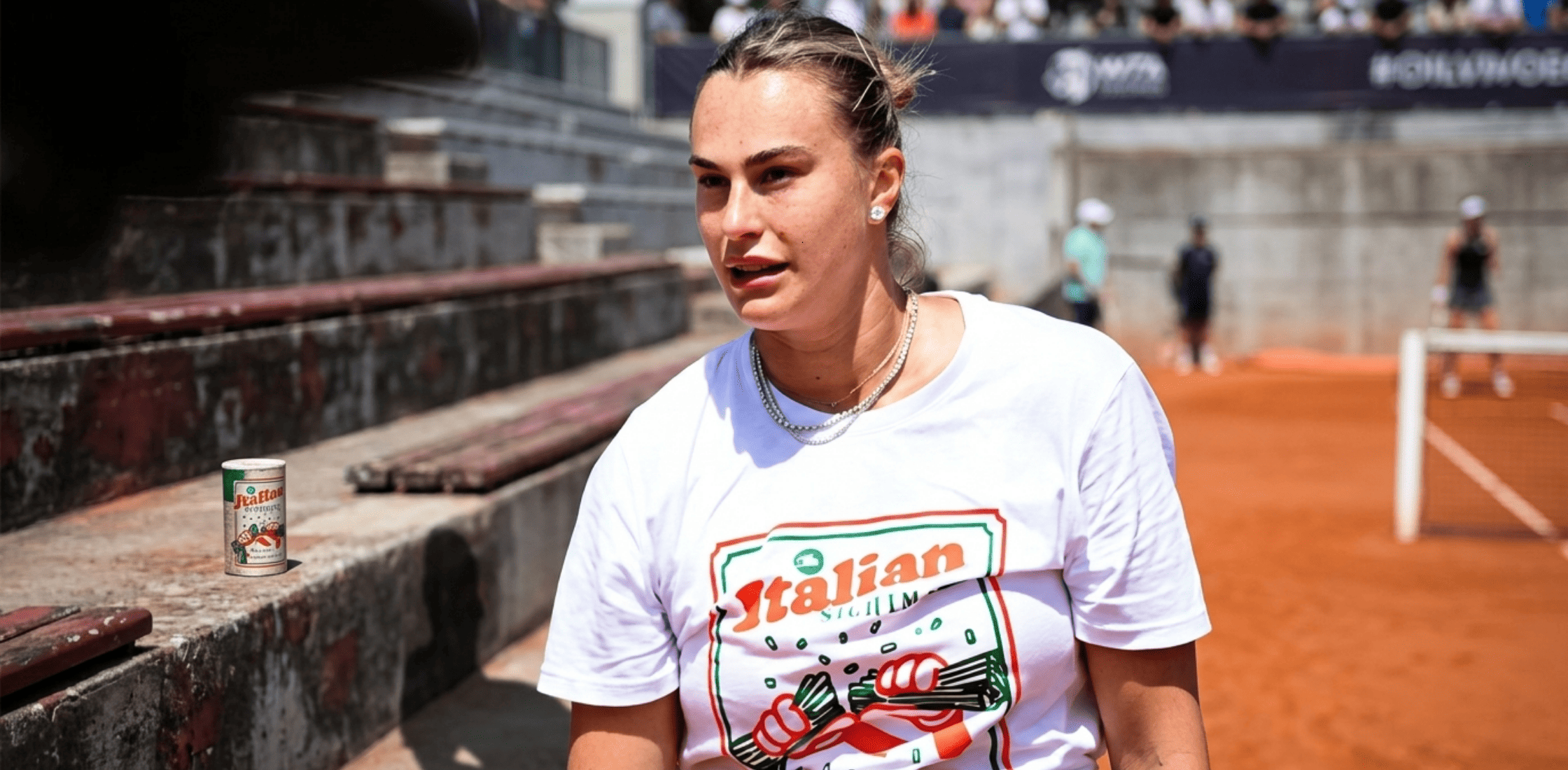 Aryna Sabalenka Internazionali BNL d’Italia white crew neck T-shirt with pop-art graphic portrait design