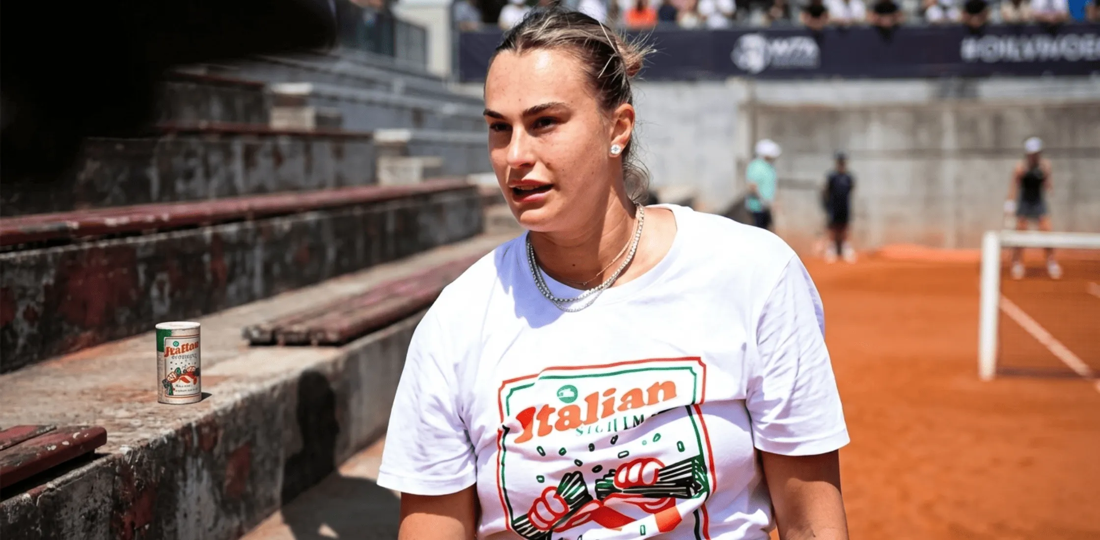 Aryna Sabalenka Internazionali BNL d’Italia white crew neck T-shirt with pop-art graphic portrait design