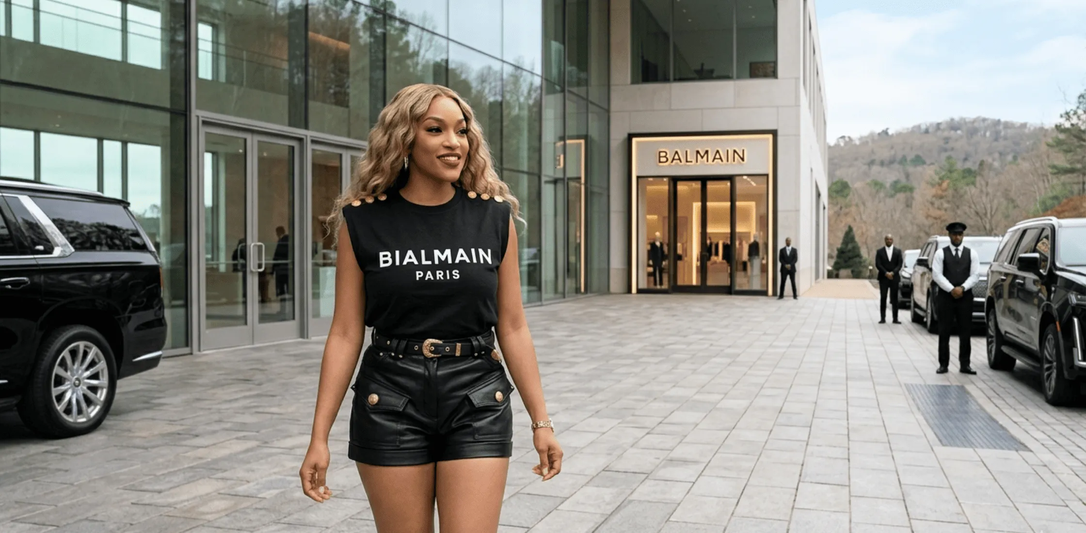 Drew Sidora Balmain muscle tee black cotton jersey with bold white logo and gold shoulder button detailing