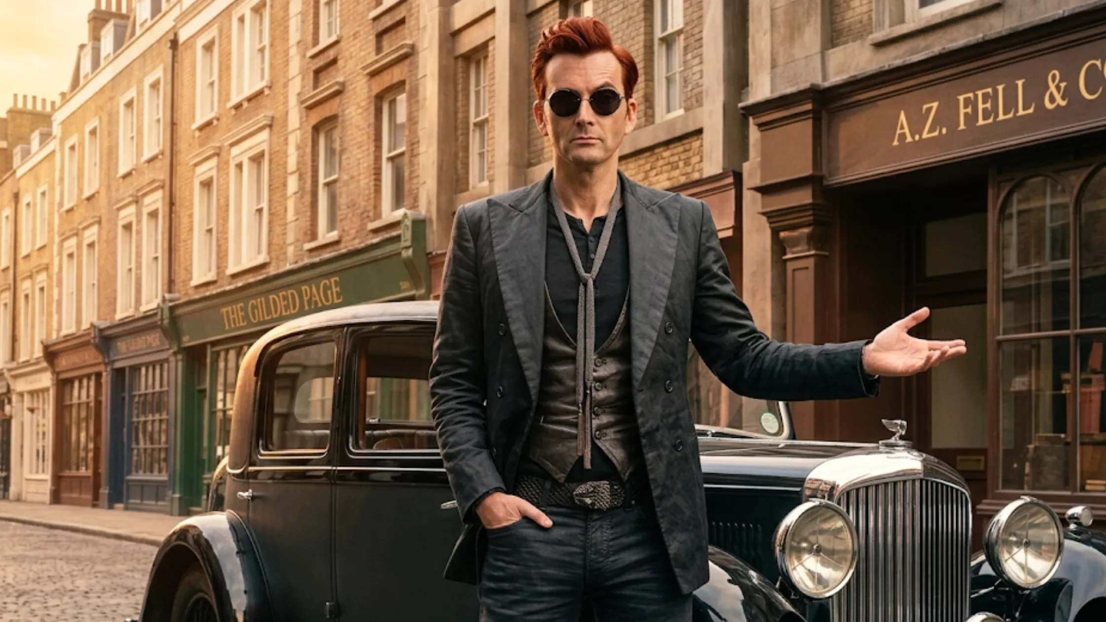 Good Omens S03 David Tennant black blazer double breasted gothic chic slim fit quilted texture Crowley inspired fashion outfit