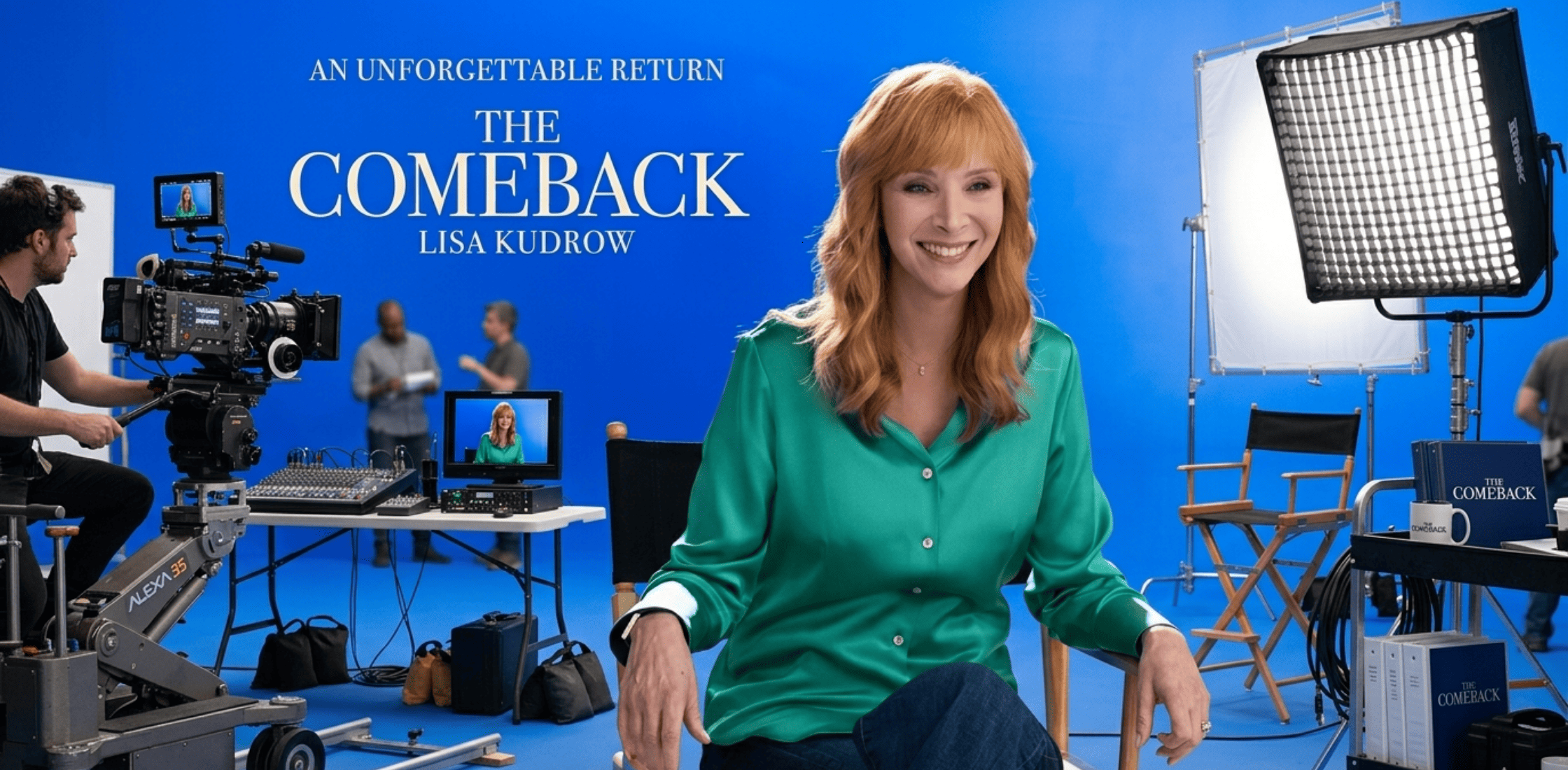 Lisa Kudrow The Comeback emerald green silk satin button-down shirt with wide multi-button cuffs and elegant drape