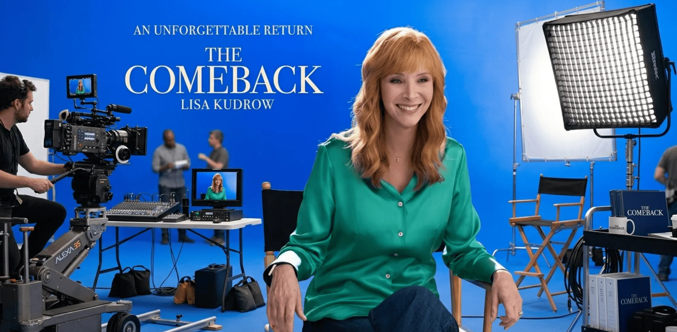 Lisa Kudrow The Comeback emerald green silk satin button-down shirt with wide multi-button cuffs and elegant drape