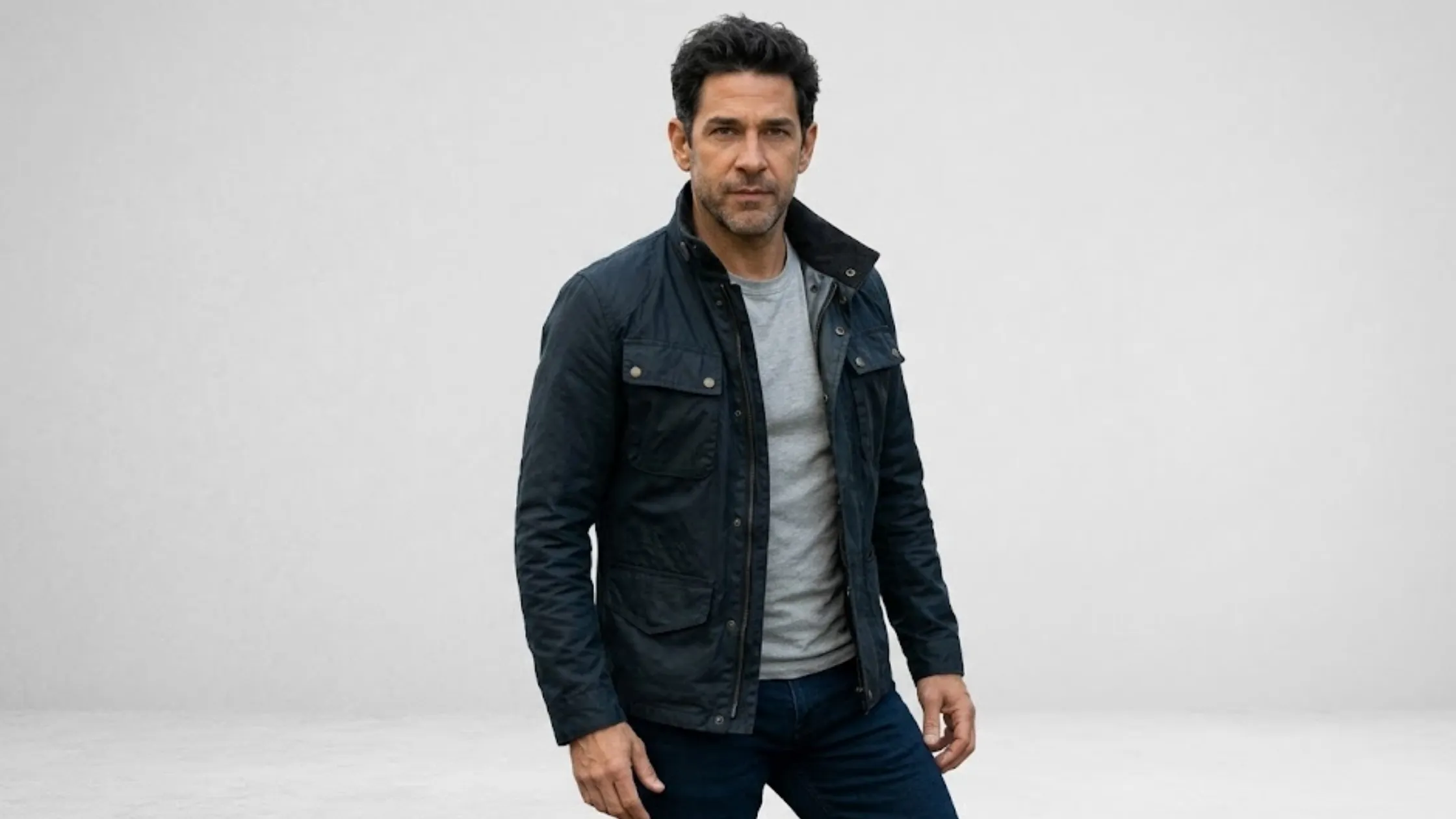 Jack Ryan Ghost War black tactical field jacket waxed cotton stand collar concealed zip Tom Clancy inspired John Krasinski outfit