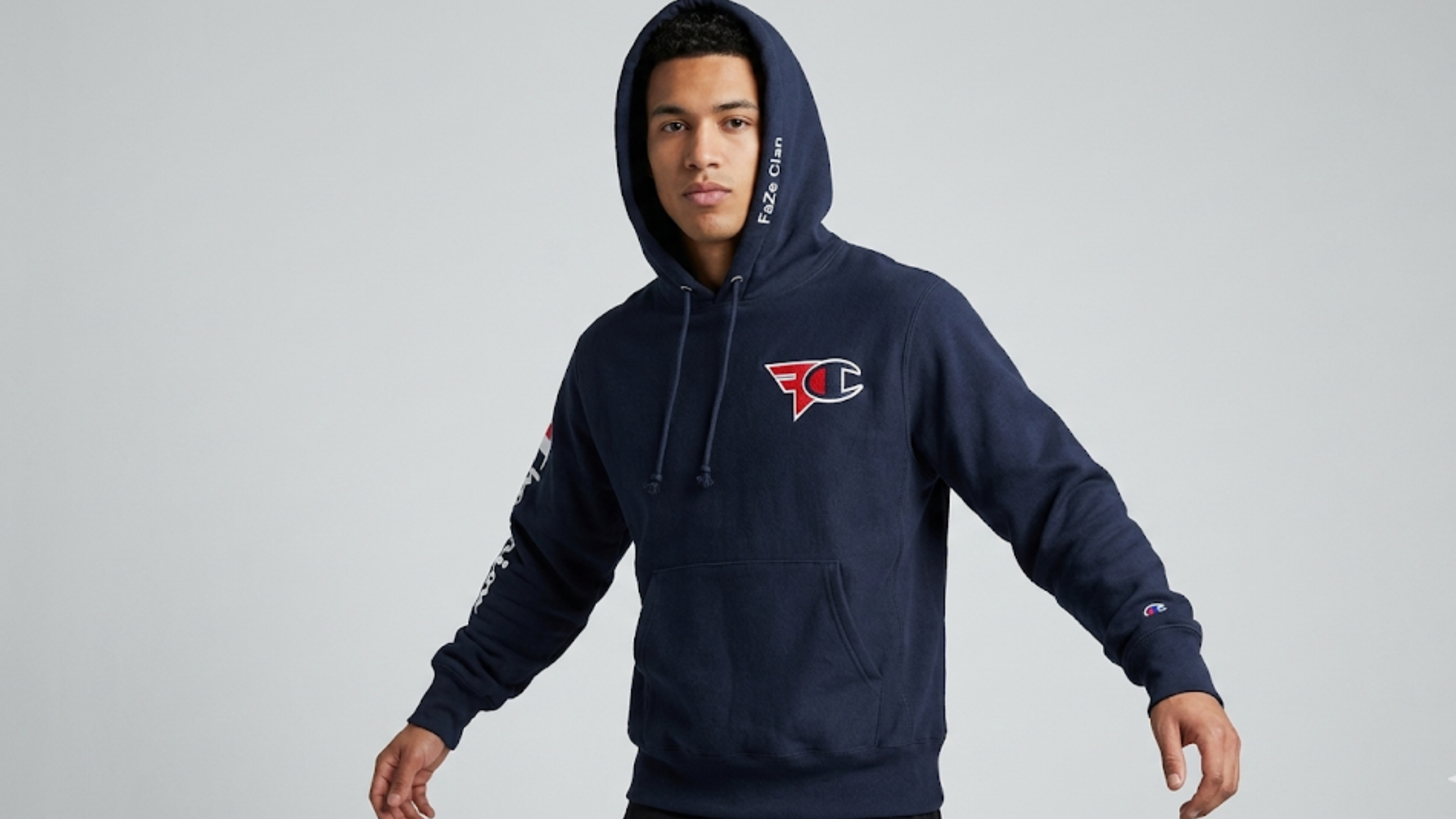FaZe Clan x Champion navy blue hoodie esports streetwear oversized pullover drawstring hood kangaroo pocket Champion logo