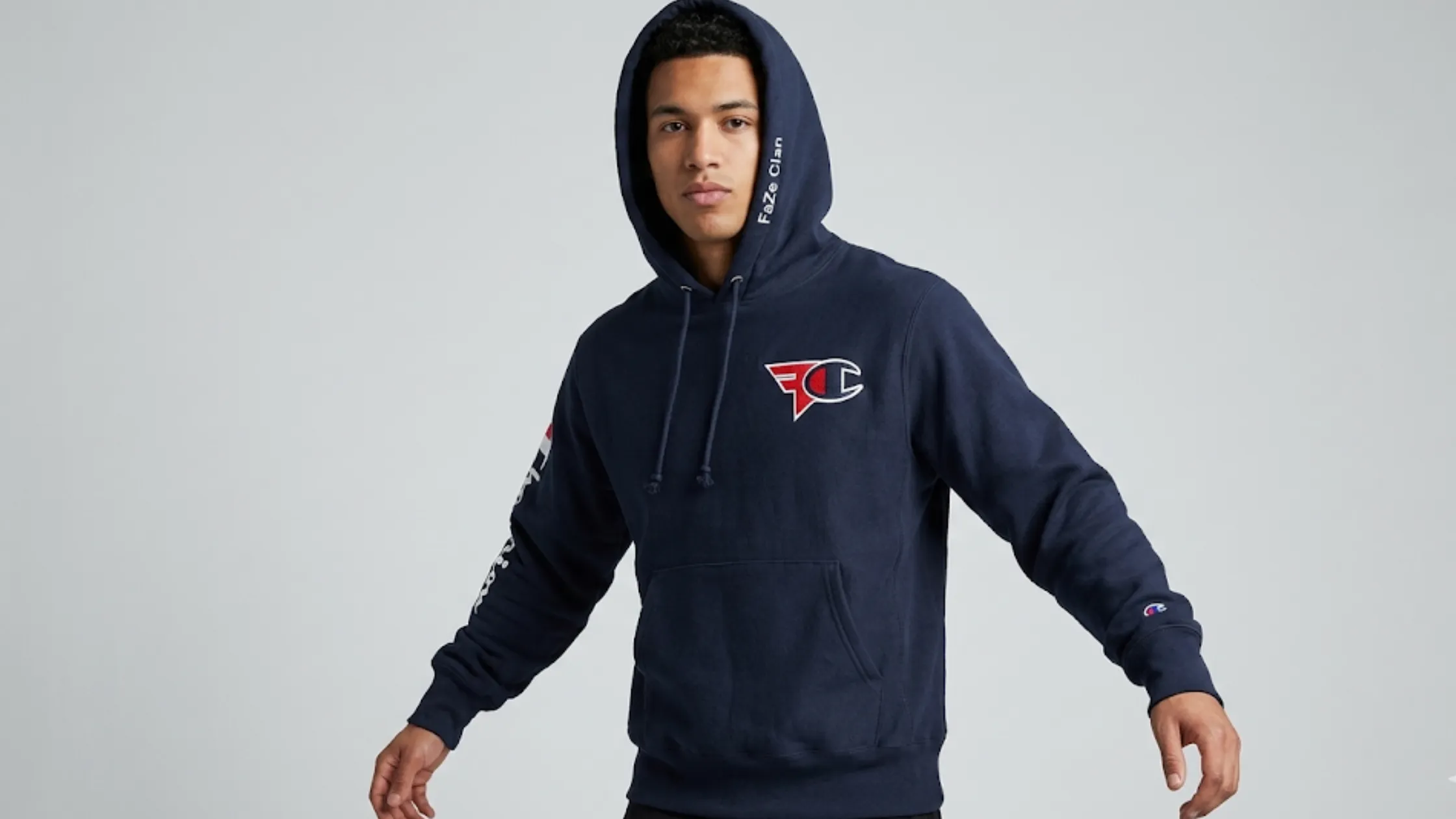 FaZe Clan x Champion navy blue hoodie esports streetwear oversized pullover drawstring hood kangaroo pocket Champion logo