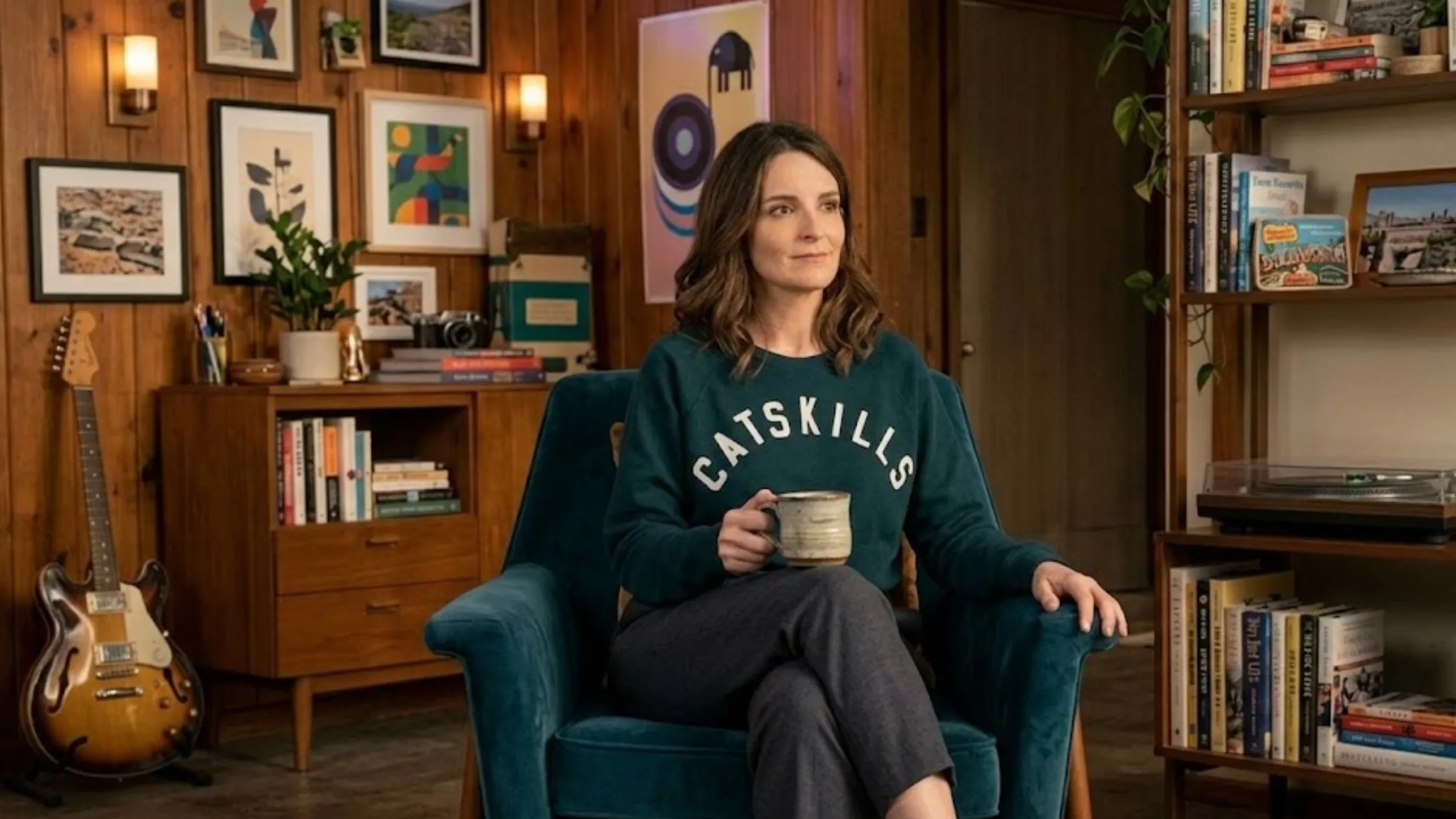 The Four Seasons Tina Fey Catskills sweatshirt green crew neck pullover with varsity CATSKILLS graphic and relaxed fit