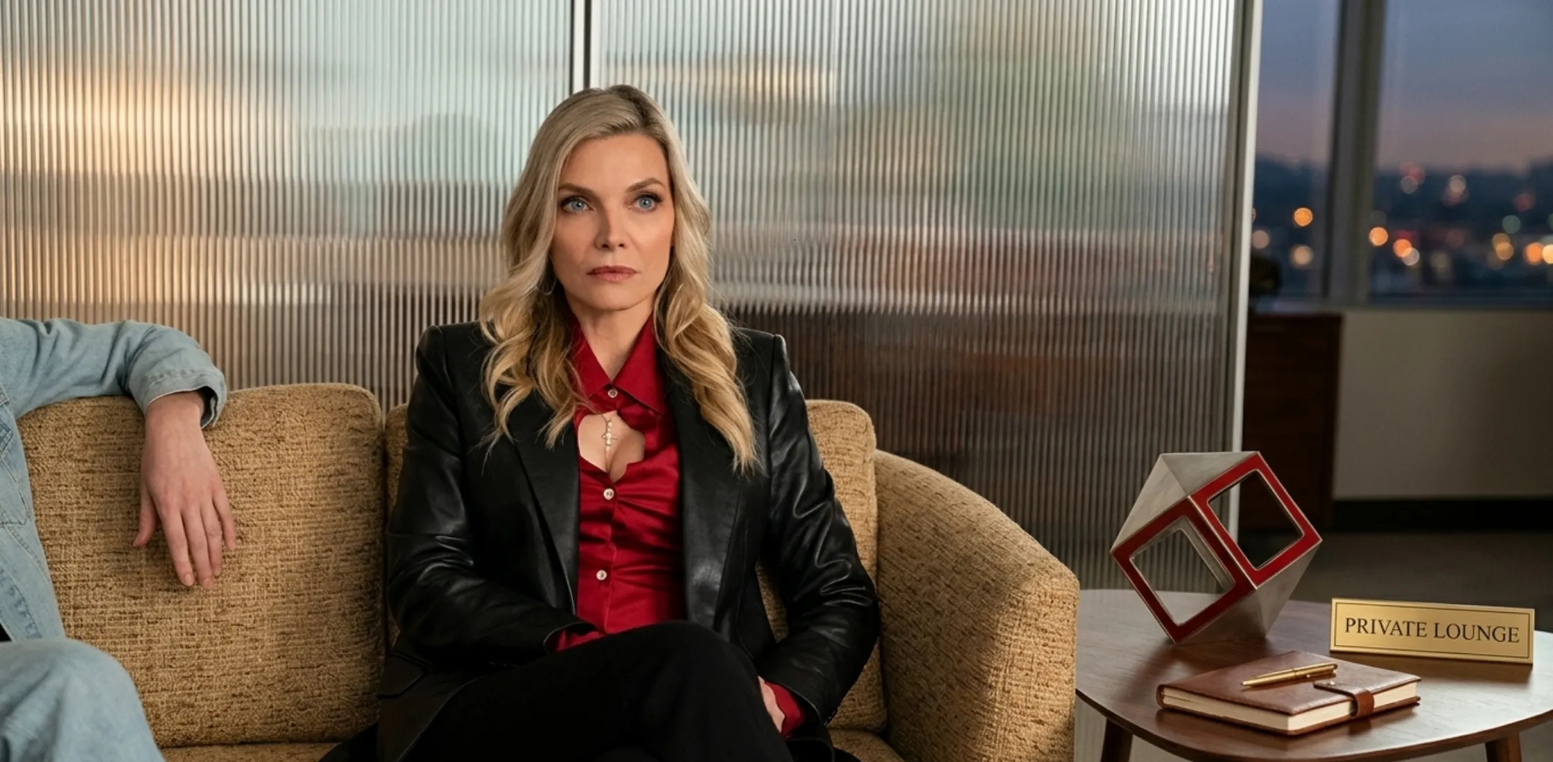 Margo’s Got Money Troubles Michelle Pfeiffer Black Leather Tailored Blazer with structured fit and notched lapel