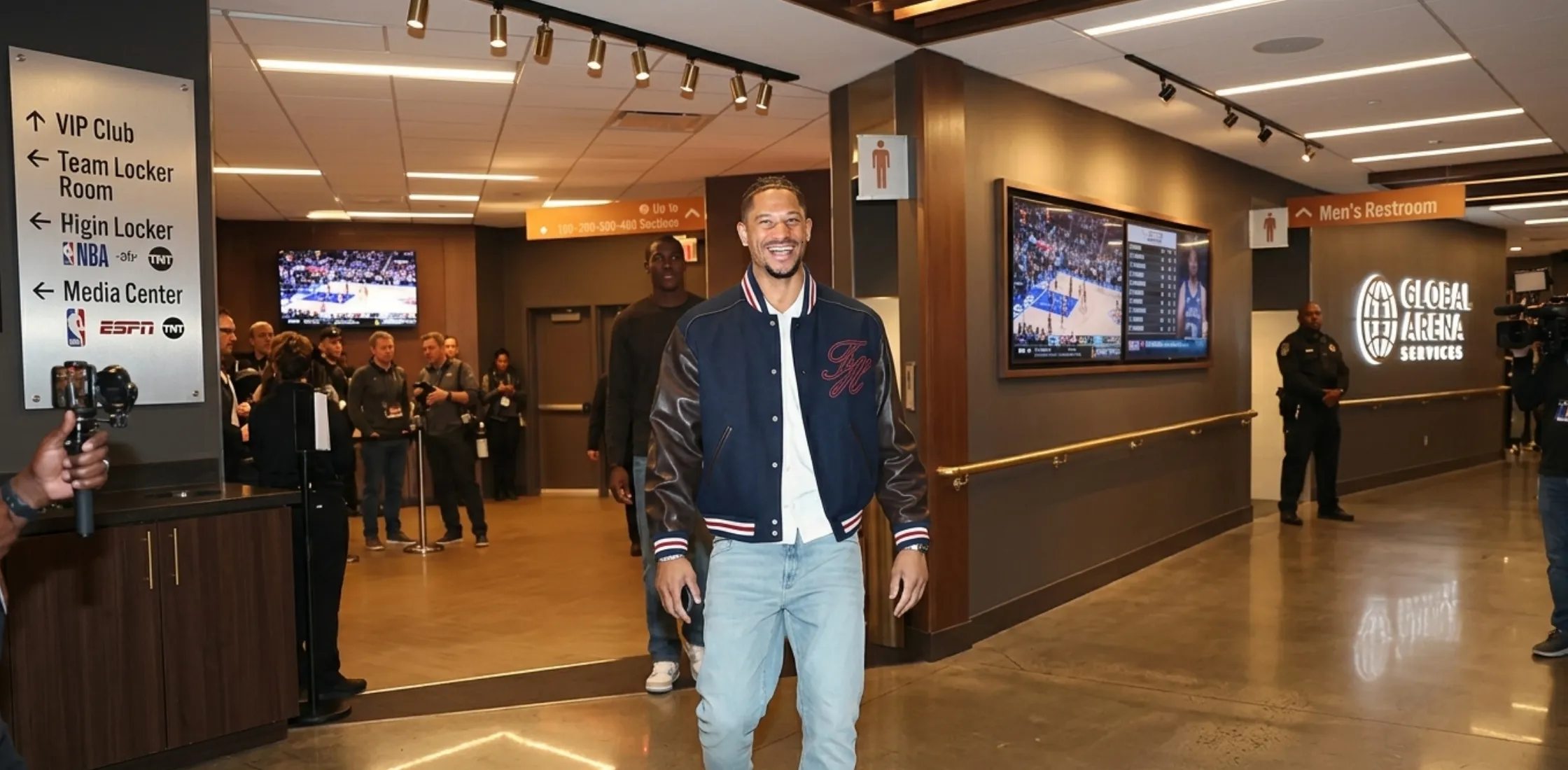 Josh Hart Cleveland Cavaliers Vs New York Knicks Navy Blue and Brown Varsity Letterman Jacket with Embroidered Red Monogram