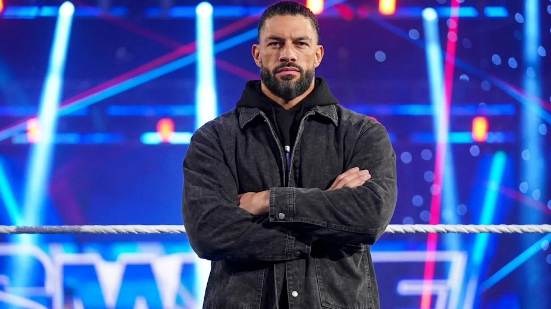 Roman Reigns Monday Night RAW washed black oversized denim jacket with plaid lining and relaxed streetwear fit