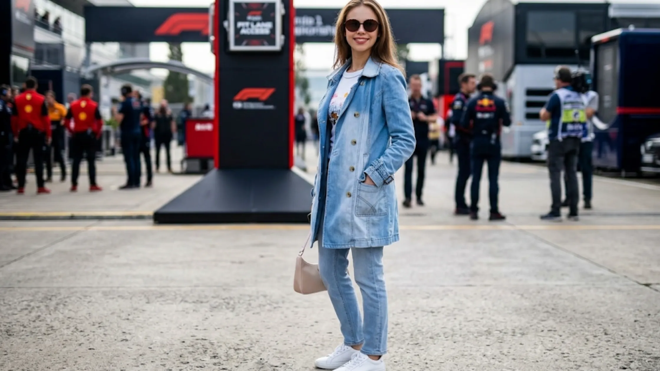 Lily Zneimer 2026 F1 Japanese Grand Prix blue denim trench coat with vintage wash, notch lapels, and mid-length tailored silhouette