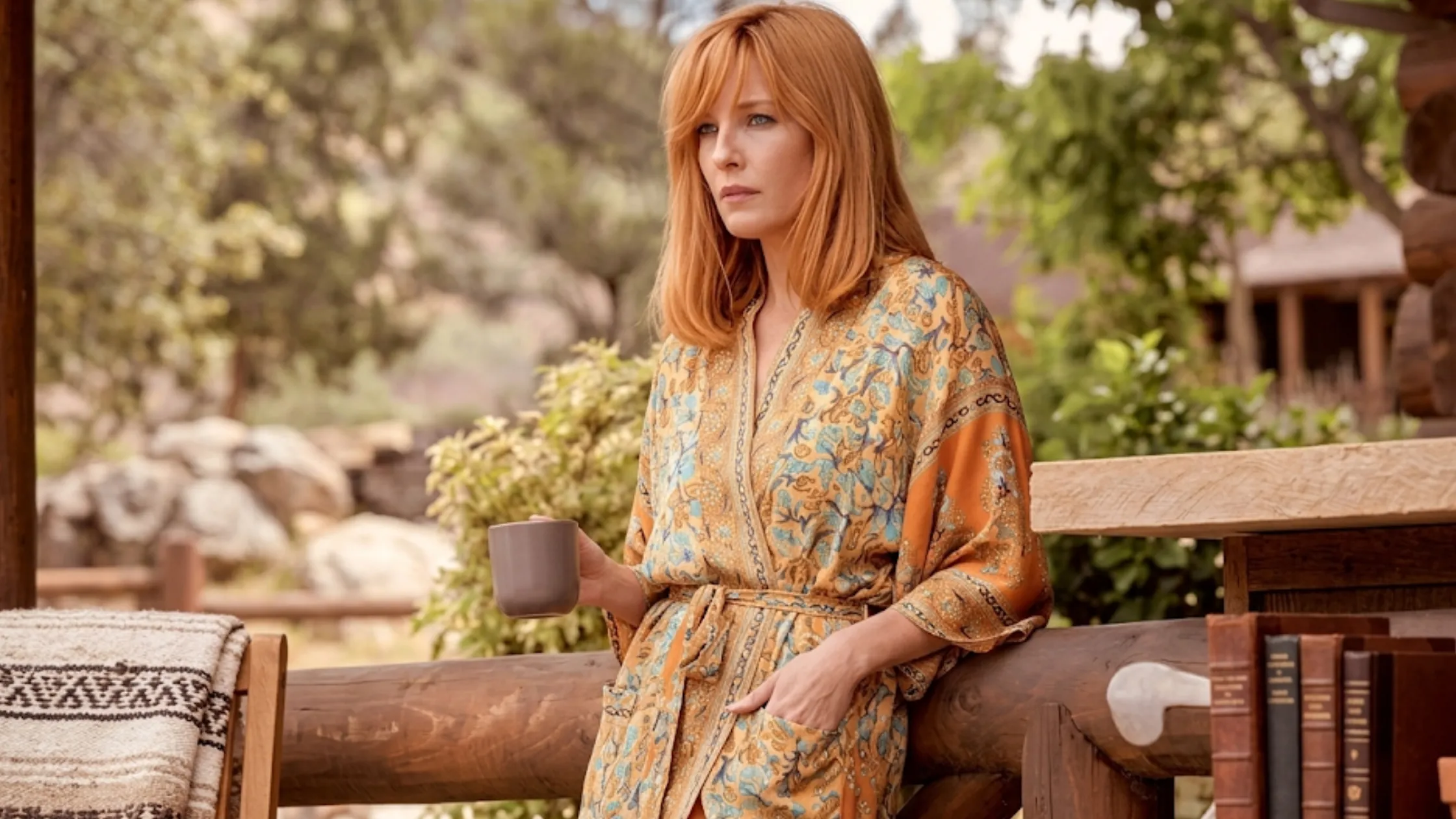 Yellowstone Beth Dutton orange paisley floral kimono robe with belted waist, bohemian print, and flowing sleeves