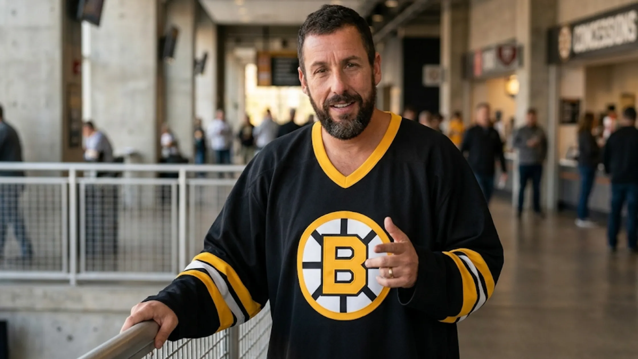 Happy Gilmore 2 Adam Sandler Boston Bruins black and yellow NHL hockey jersey with Spoke-B logo and oversized fit