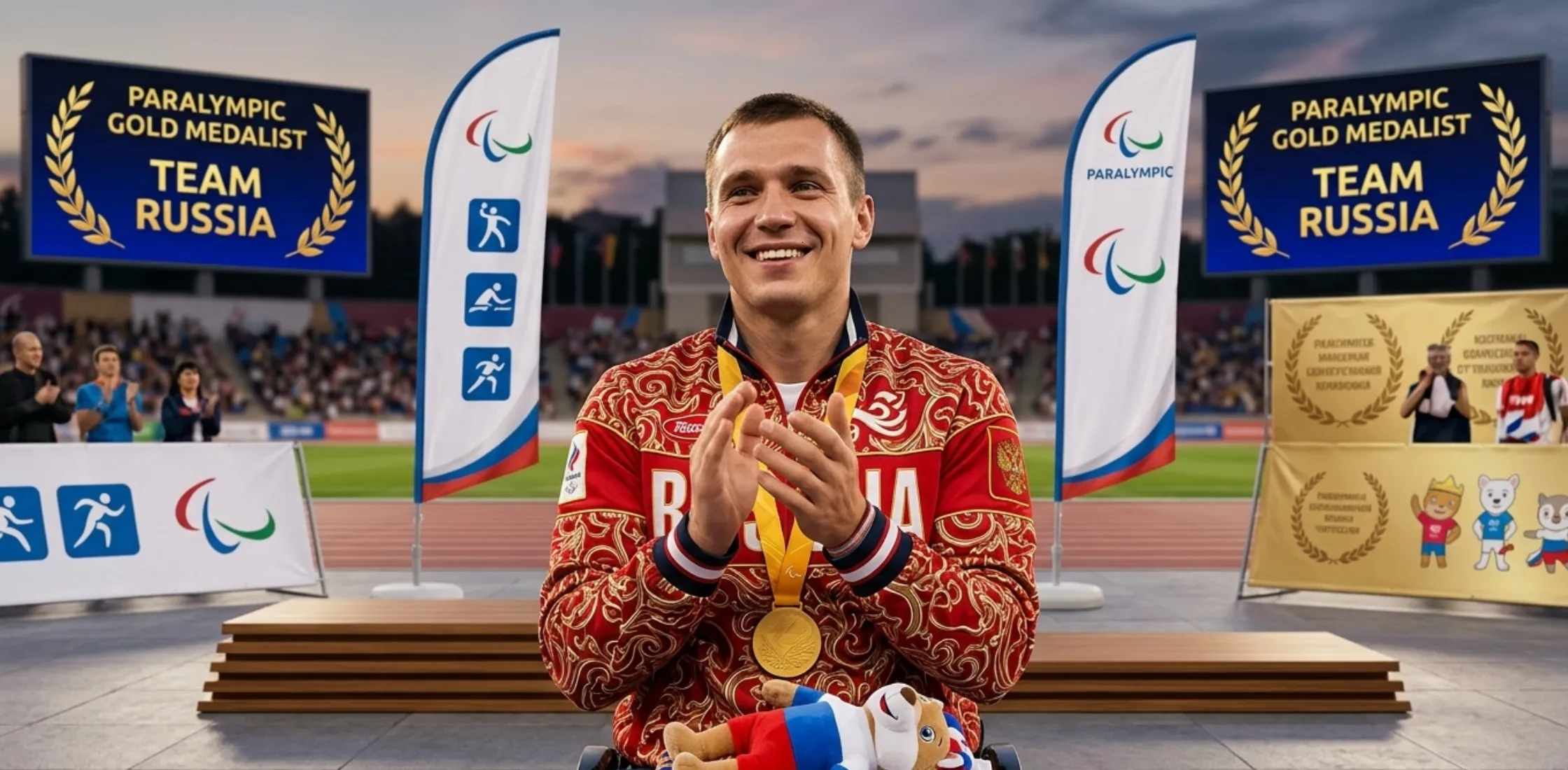Ivan Golubkov Milano Cortina 2026 Winter Paralympic Games red quilted puffer vest with gold embroidery and Russian-inspired design